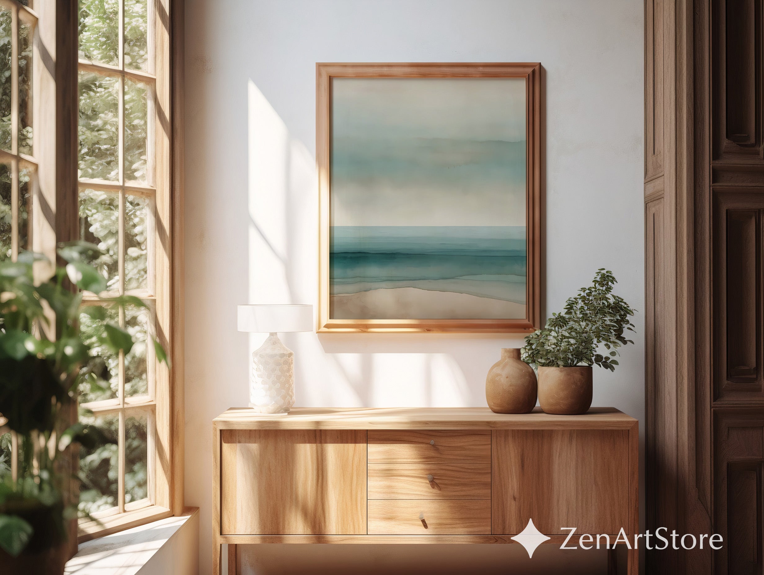 Minimal Coastal Seascape Print - Soft Teal & Beige Abstract Beach Wall Art, Zen Japandi Scandinavian Neutral Home Decor