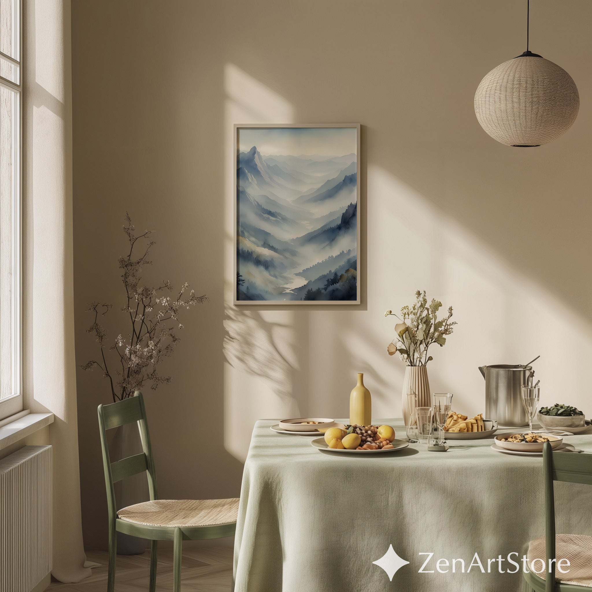 Misty Mountain Valley Wall Art Print - Serene Blue Grey Landscape, Minimalist Japandi Scandinavian Home Decor, Foggy Nature Print