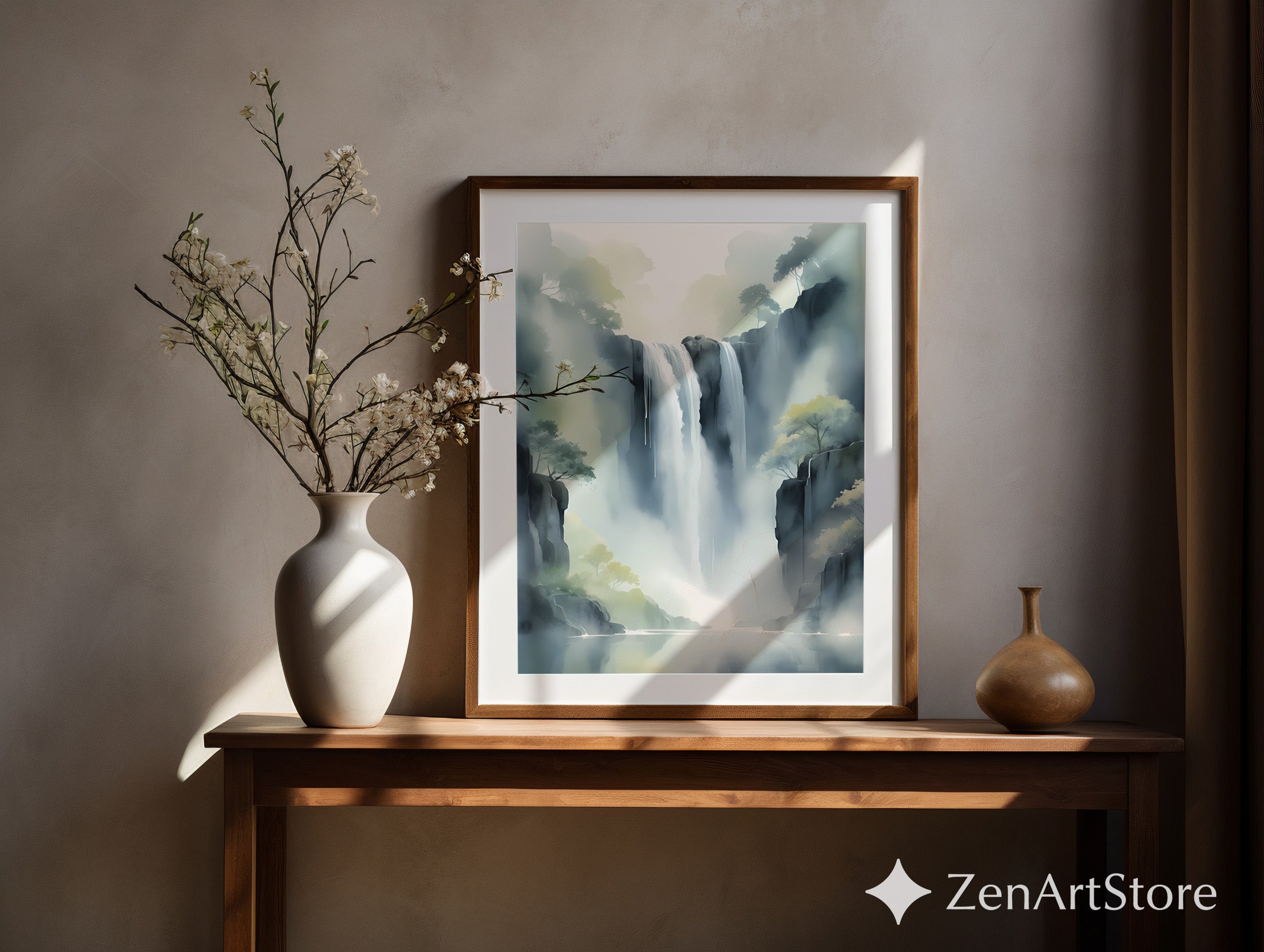 Misty Waterfall Wall Art Printable — Zen Japandi Landscape, Minimal Neutral Nature Print for Living Room & Bedroom