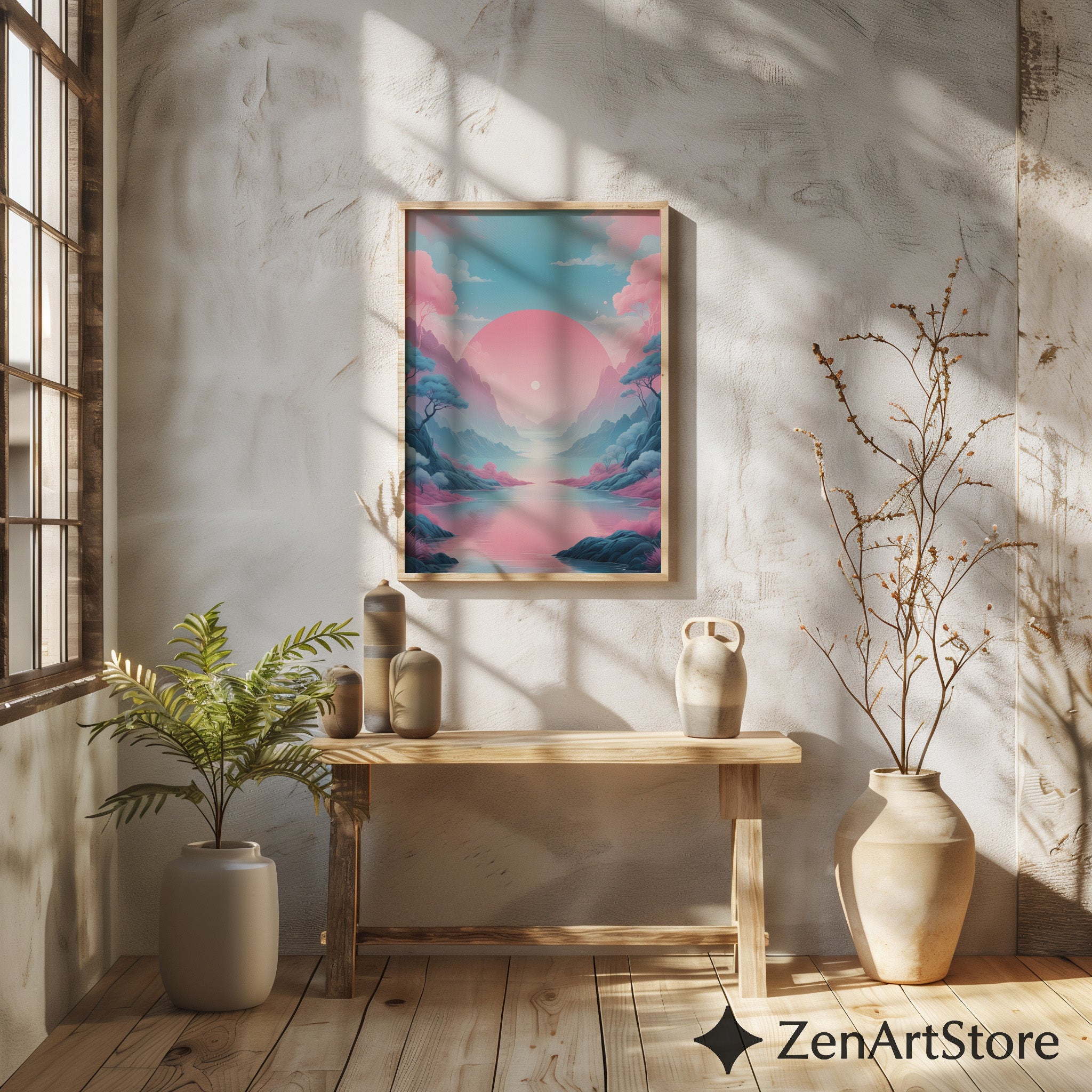 Pastel Sunrise Landscape Wall Art - Pink & Blue Minimal Zen Print for Living Room, Bedroom Japandi Home Decor