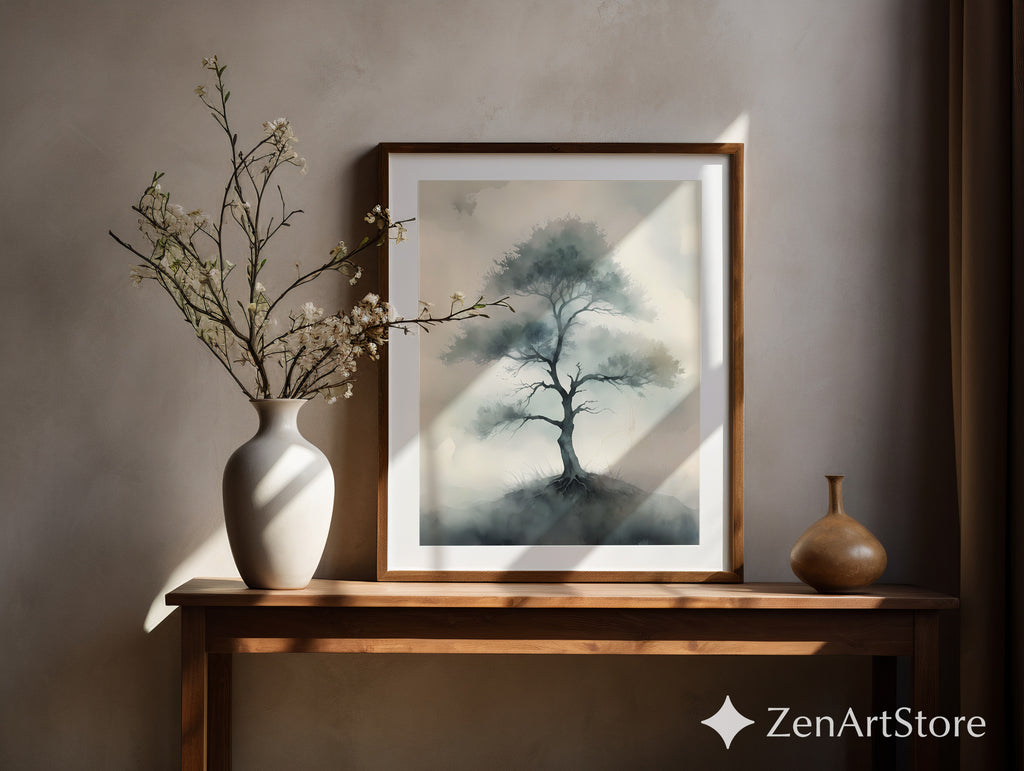 Misty Tree Watercolor Print - Minimal Zen Tree Wall Art, Japandi Neutral Botanical Canvas for Living Room & Bedroom