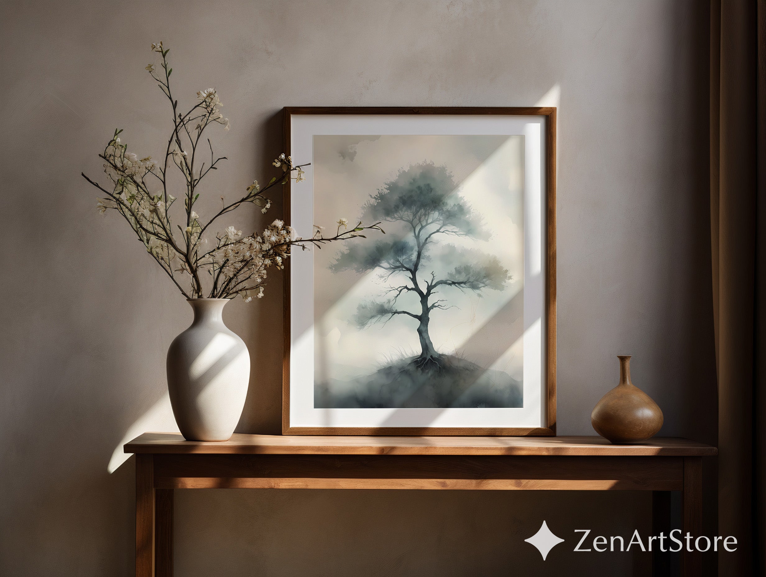 Misty Tree Watercolor Print - Minimal Zen Tree Wall Art, Japandi Neutral Botanical Canvas for Living Room & Bedroom