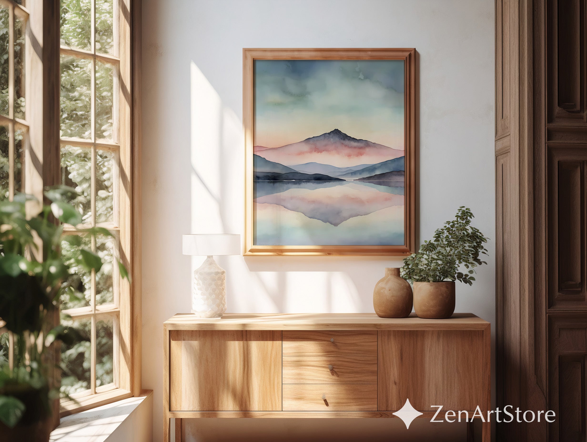 Pastel Mountain Watercolor Print - Calming Landscape Wall Art for Living Room, Zen Minimal Japandi Home Decor