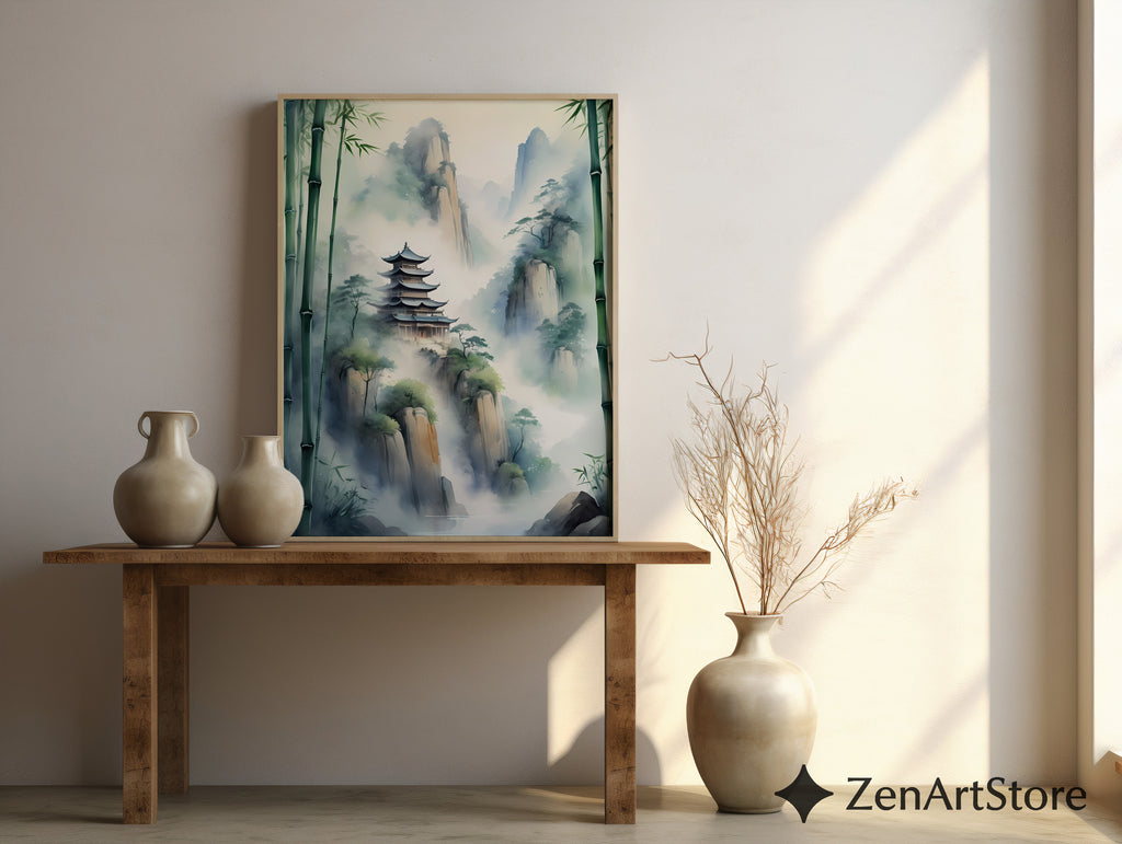 Misty Mountain Pagoda Wall Art - Zen Bamboo Landscape Print, Japandi Minimal Home Decor