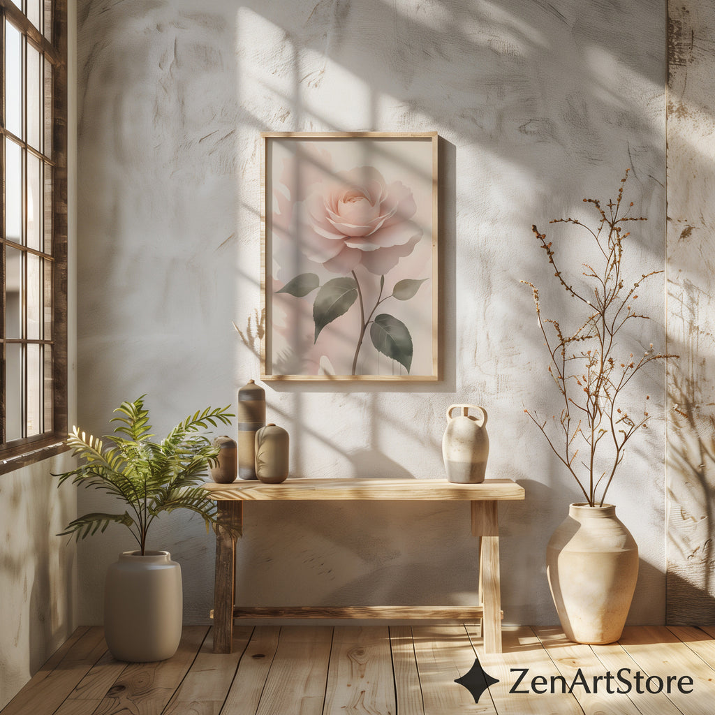 Blush Rose Wall Art Print - Soft Pastel Botanical Rose, Minimal Floral Nursery & Bedroom Decor, Neutral Modern Printable