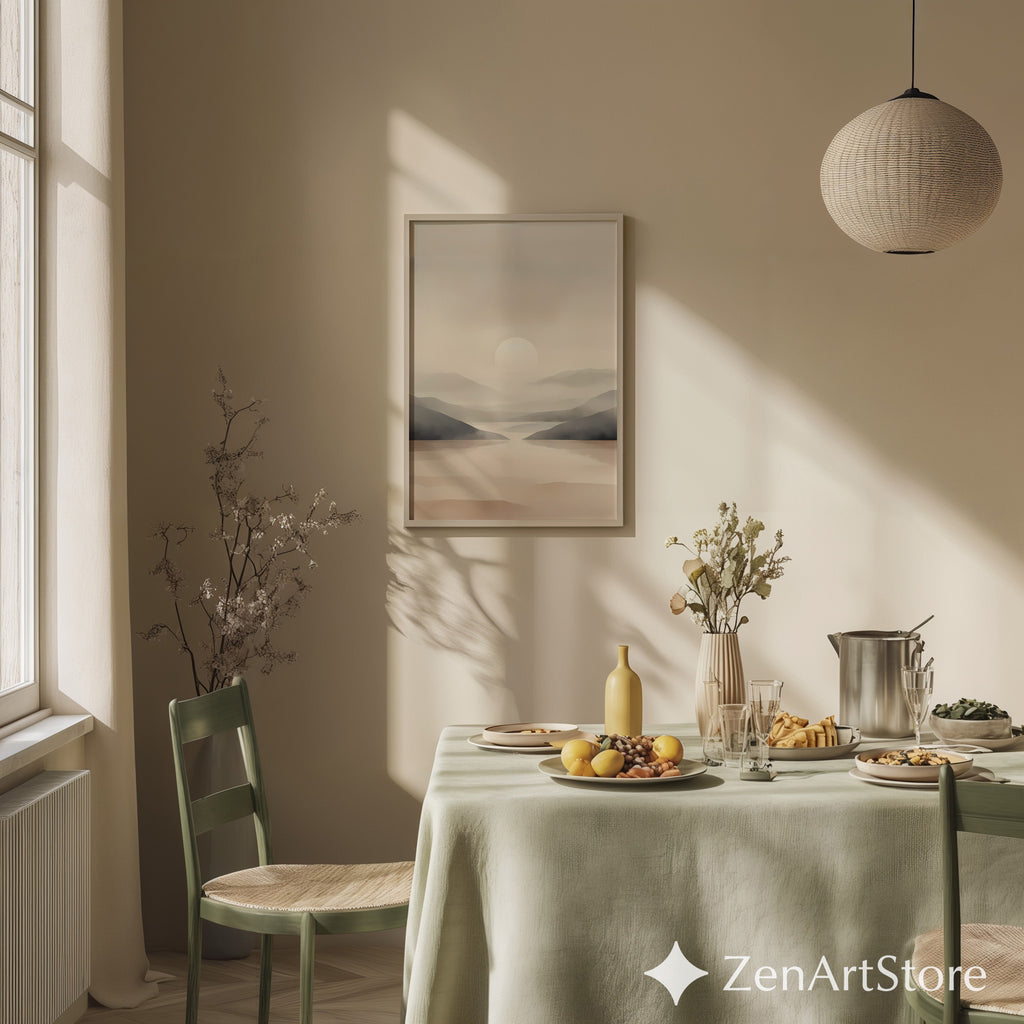 Minimal Neutral Landscape Wall Art | Calm Beige Sunrise Abstract Print for Living Room, Bedroom, Japandi, Scandinavian Home Decor