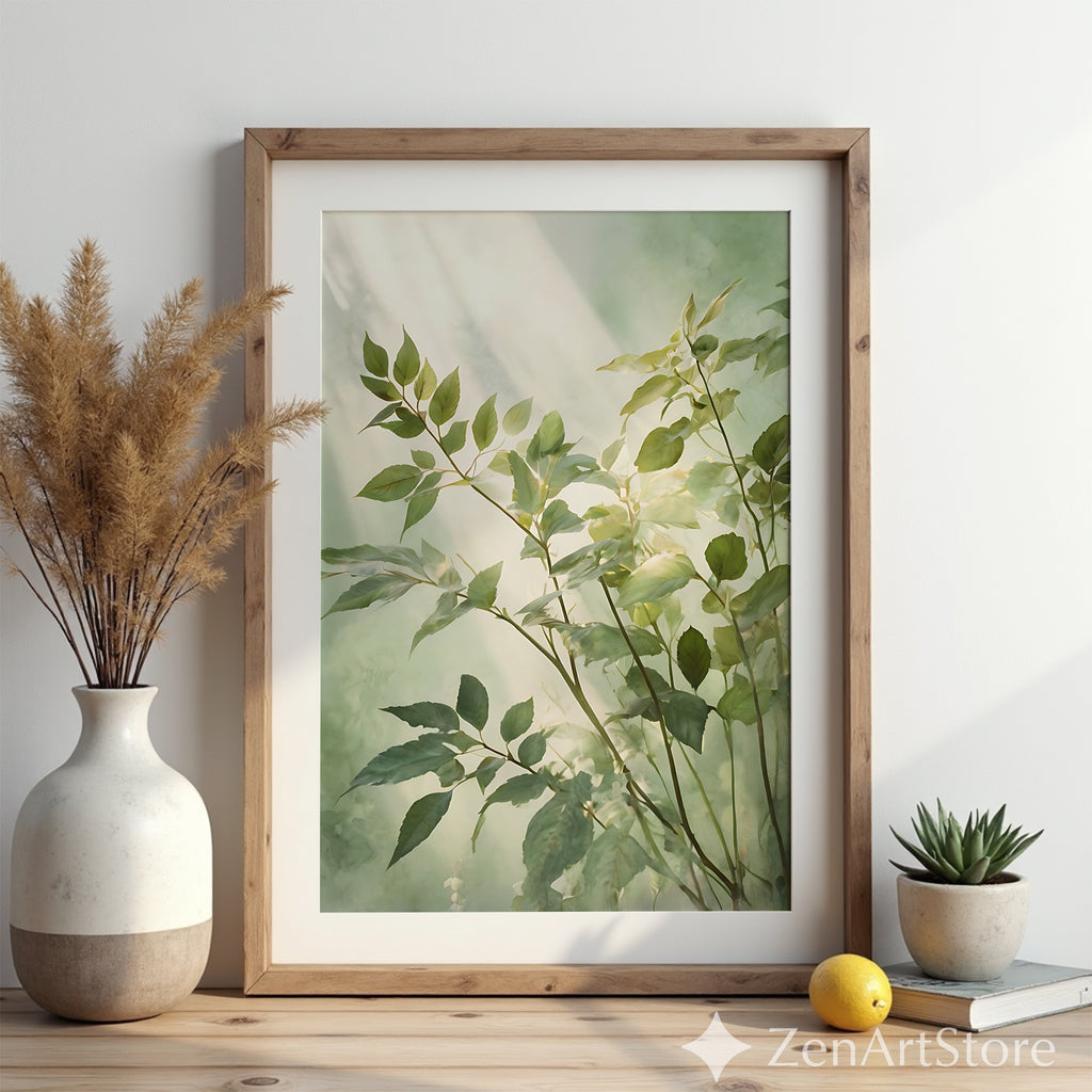 Serene Green Botanical Art Print - Minimal Leaf Wall Art, Japandi Wabi Sabi Neutral Home Decor