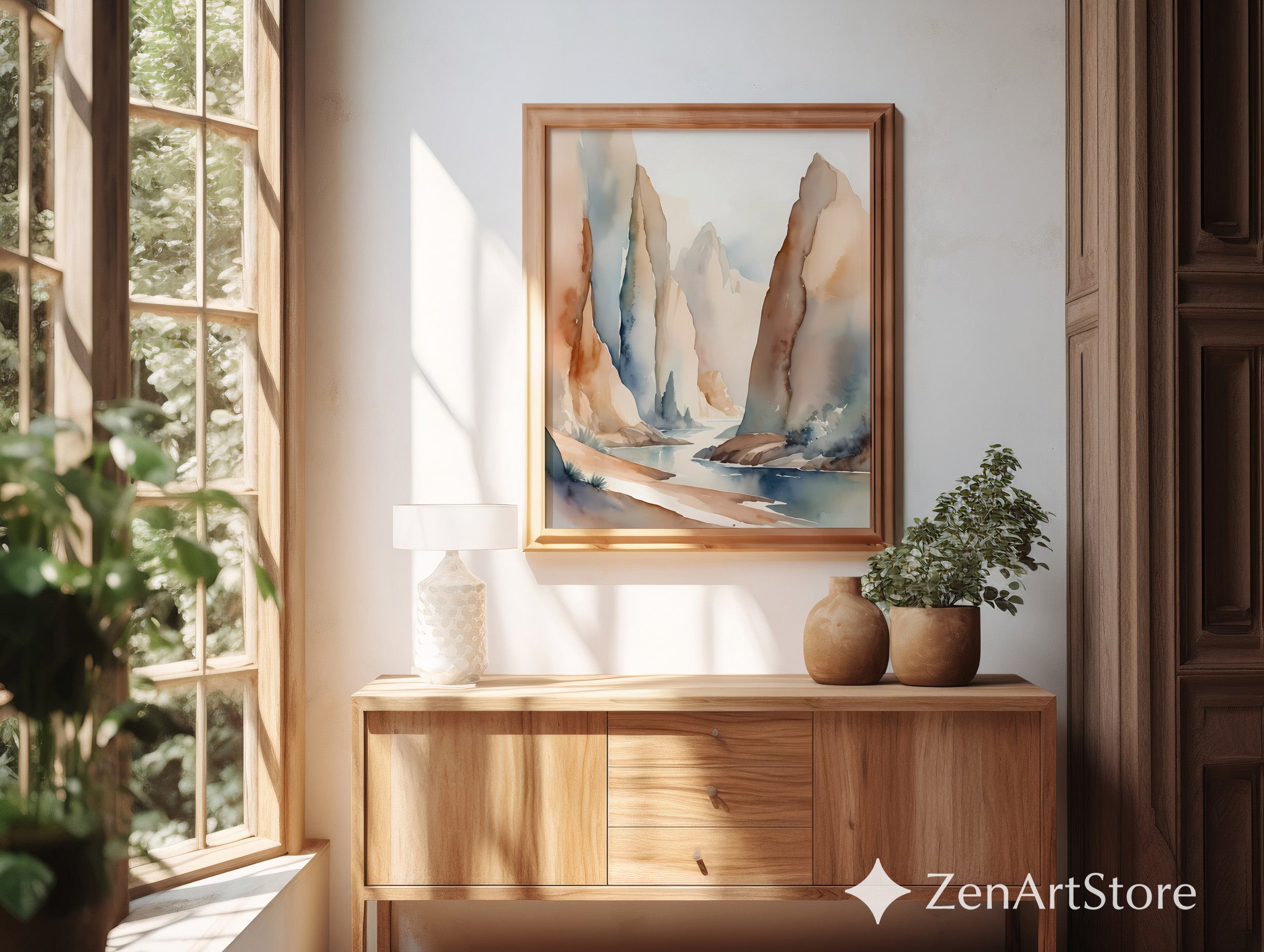 Neutral Watercolor Mountain Landscape Print Calm Zen Abstract River Art for Japandi Scandinavian Minimal Home Decor