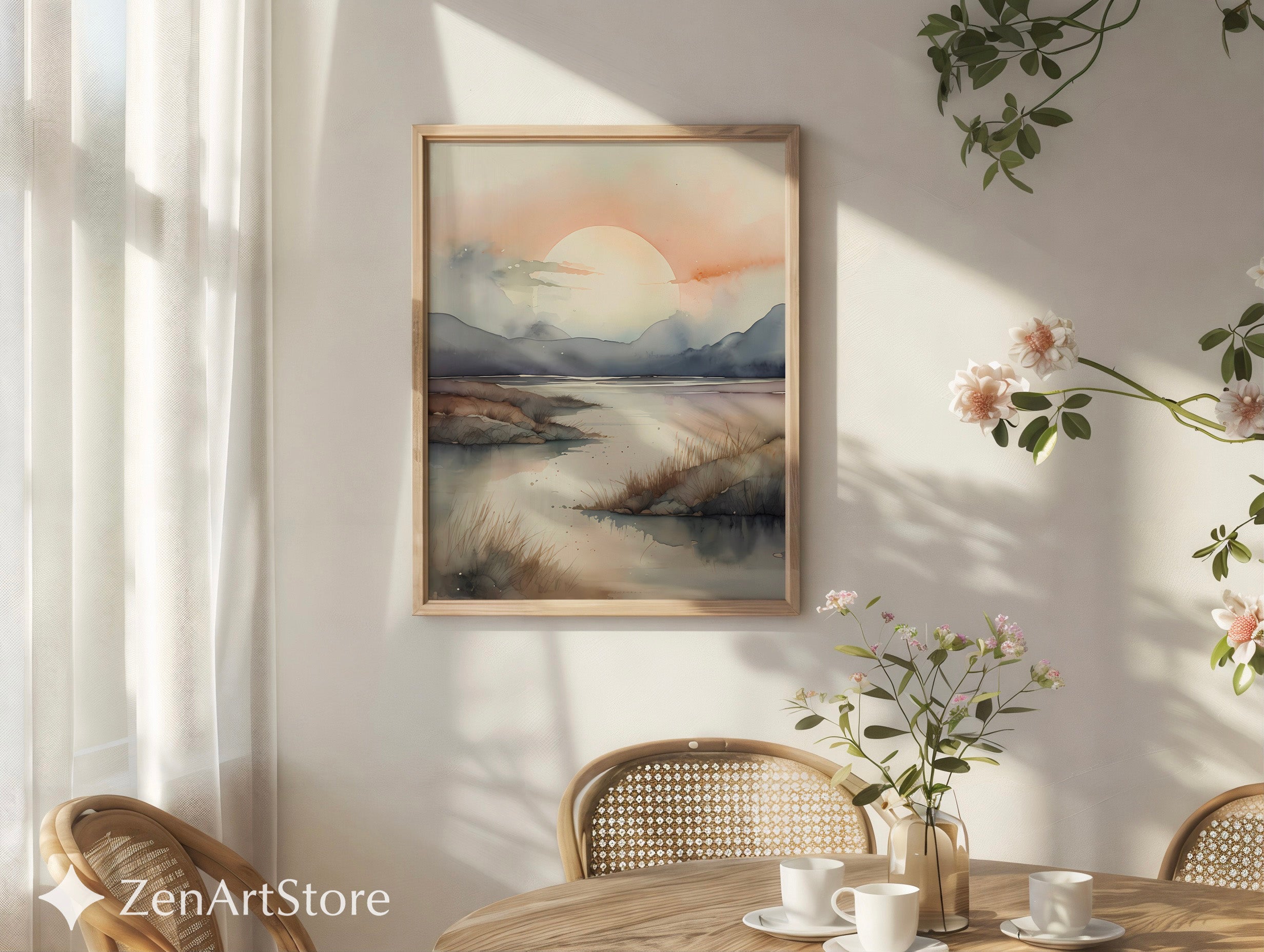 Serene Sunrise Watercolor Landscape Print - Neutral Japandi Minimal Wall Art for Living Room
