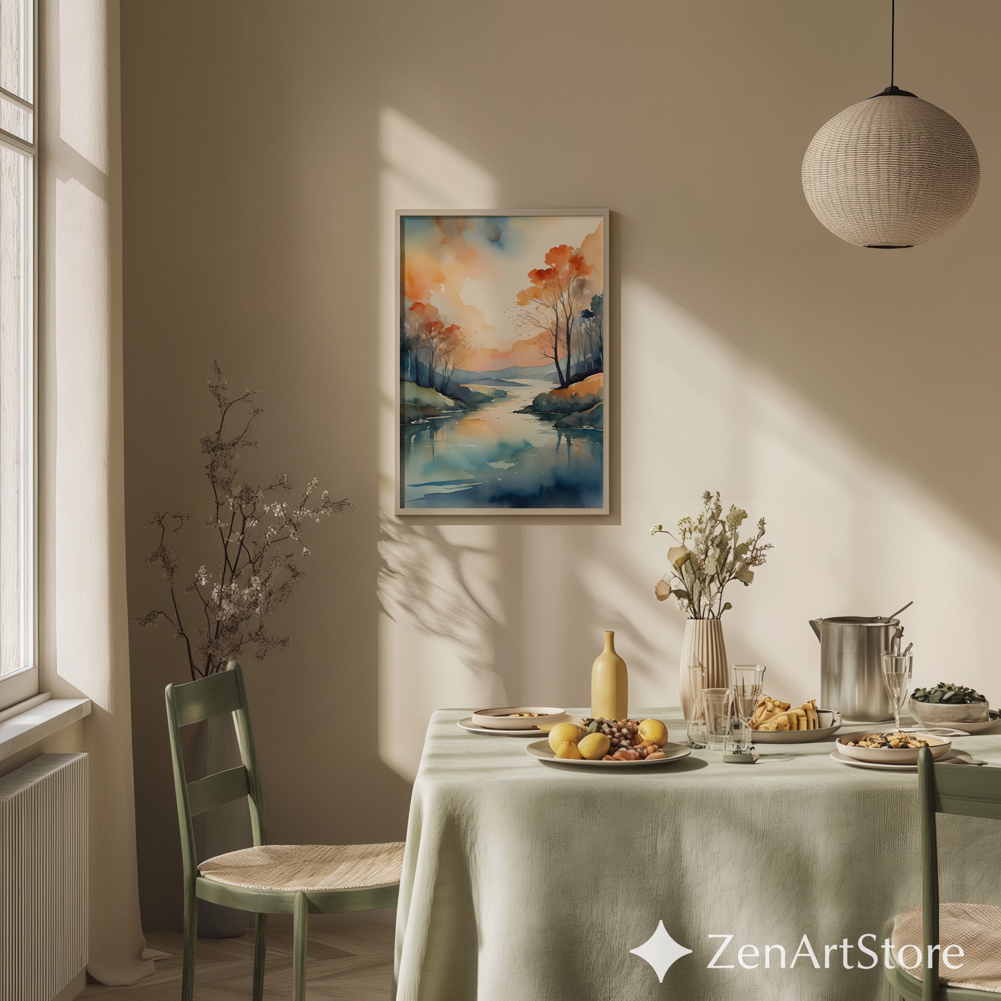 Serene Watercolor Landscape Print - Abstract Lake Sunset Wall Art for Zen, Japandi & Minimal Home Decor