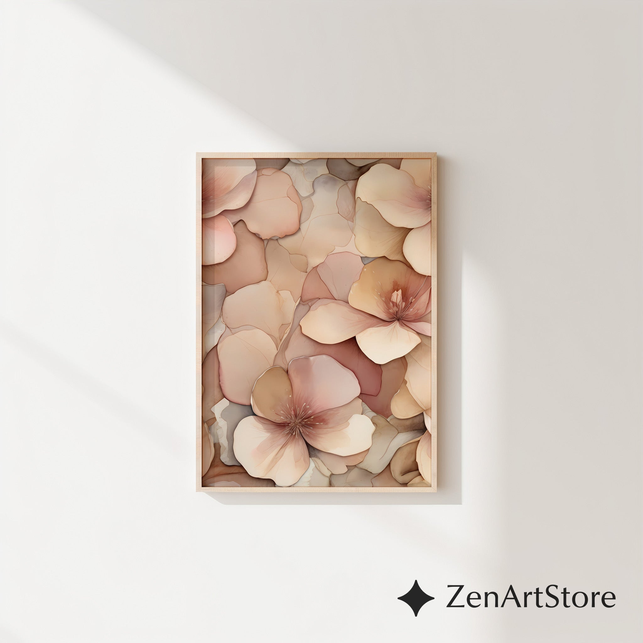 Blush Neutral Floral Wall Art - Soft Peach Botanical Print, Minimal Japandi Canvas for Living Room & Bedroom