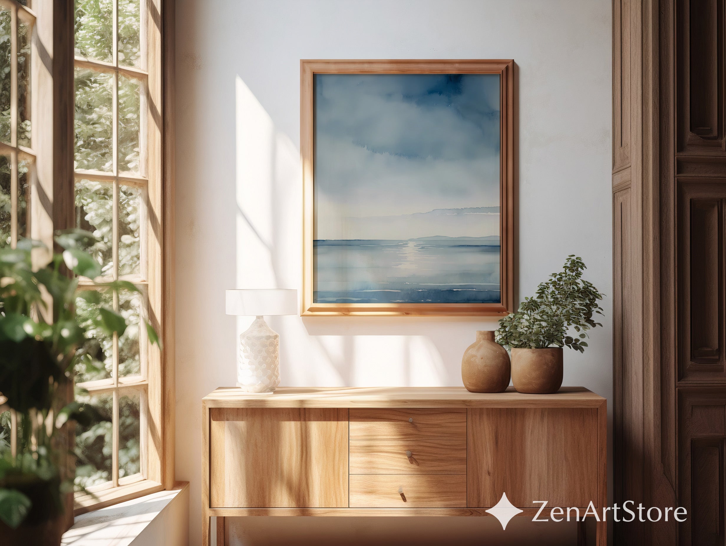 Calm Blue Seascape Watercolor Print - Minimal Coastal Wall Art for Living Room, Beach House, Japandi Decor