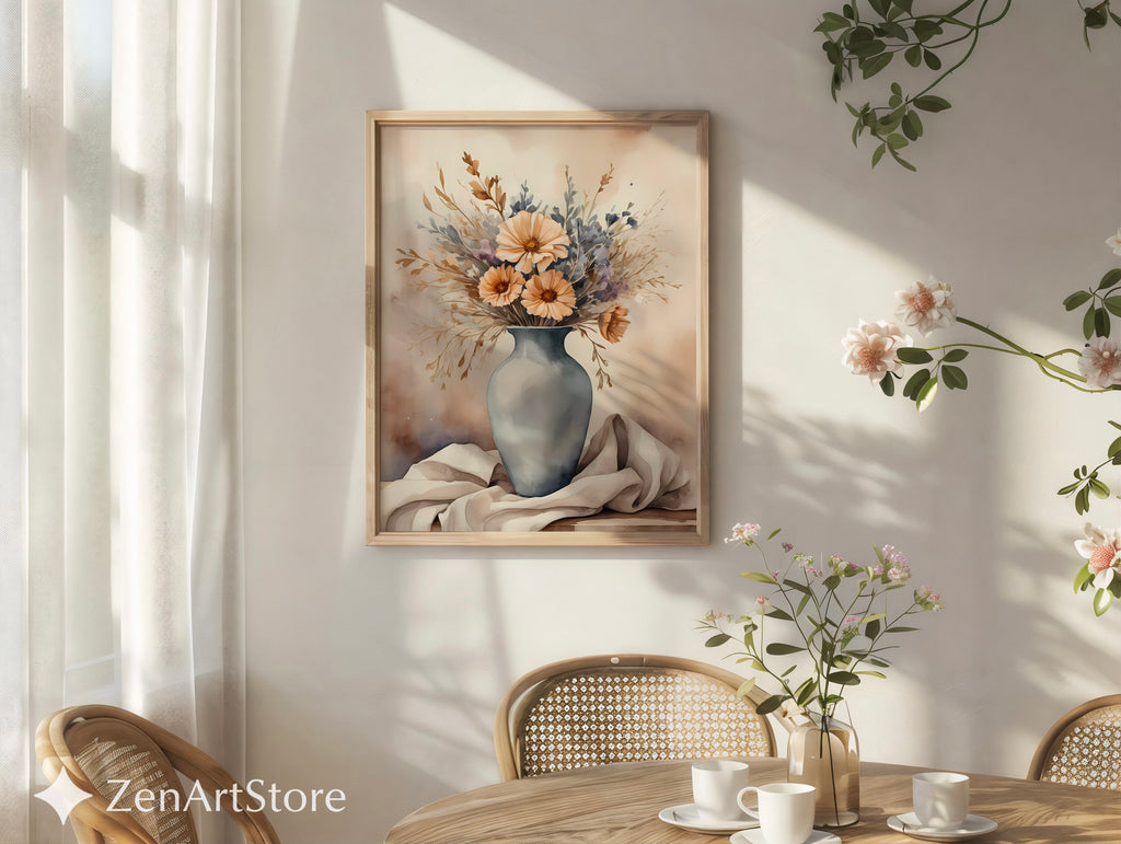 Neutral Floral Vase Art Print - Japandi Wabi Sabi Beige Botanical Wall Decor, Minimal Scandinavian Home Accent