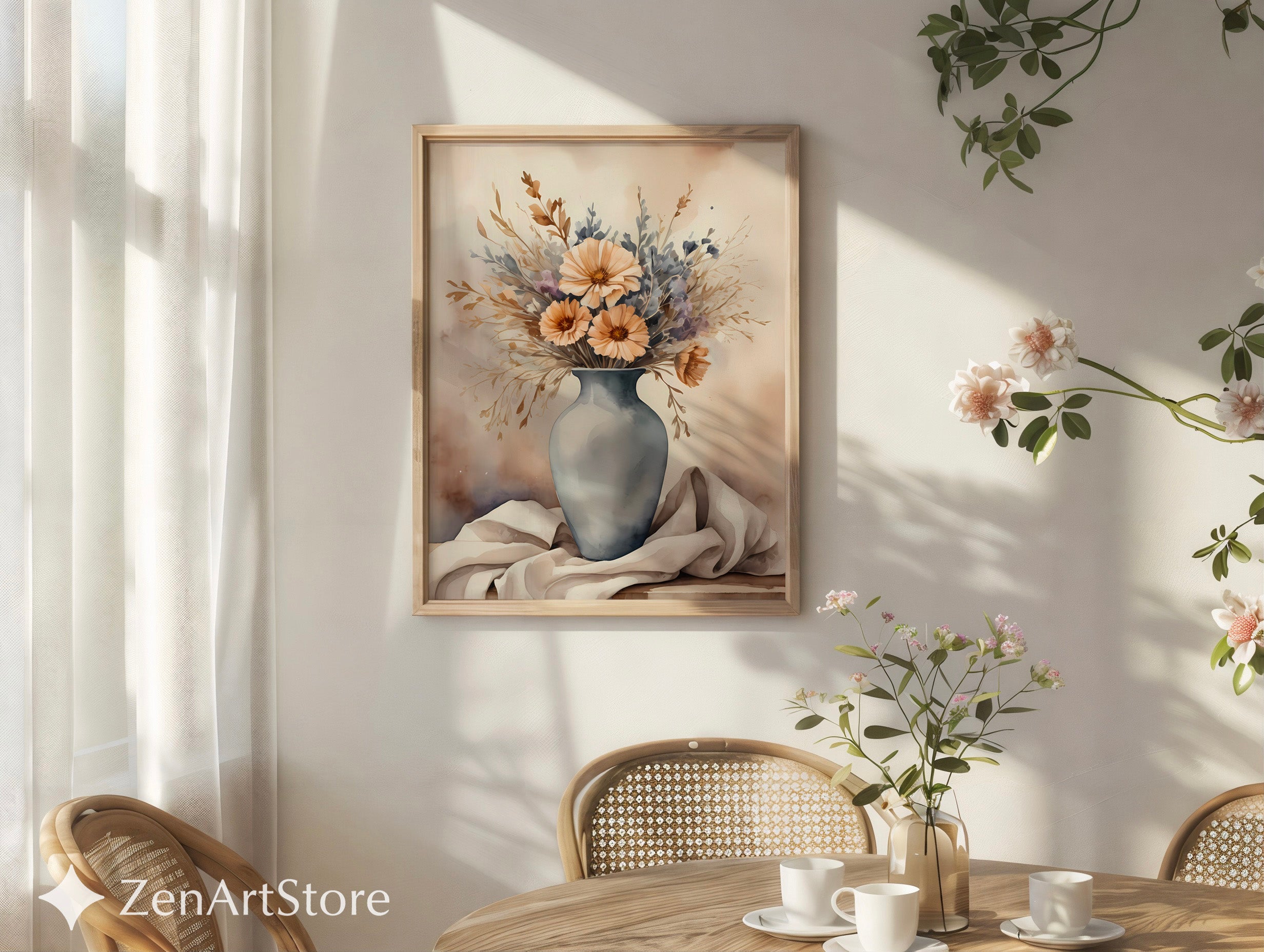 Neutral Floral Vase Art Print - Japandi Wabi Sabi Beige Botanical Wall Decor, Minimal Scandinavian Home Accent