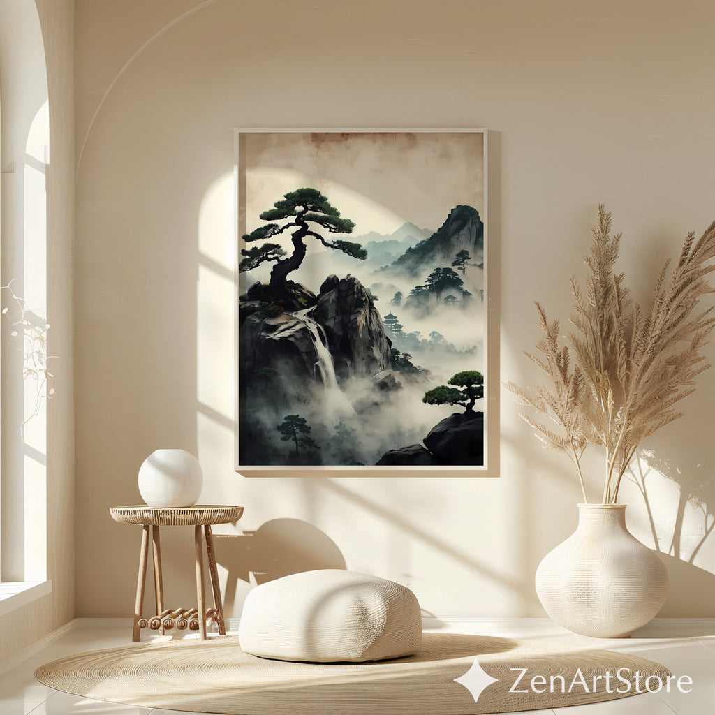Zen Misty Mountain Landscape Print - Japanese Waterfall Bonsai Wall Art, Wabi Sabi Home Decor