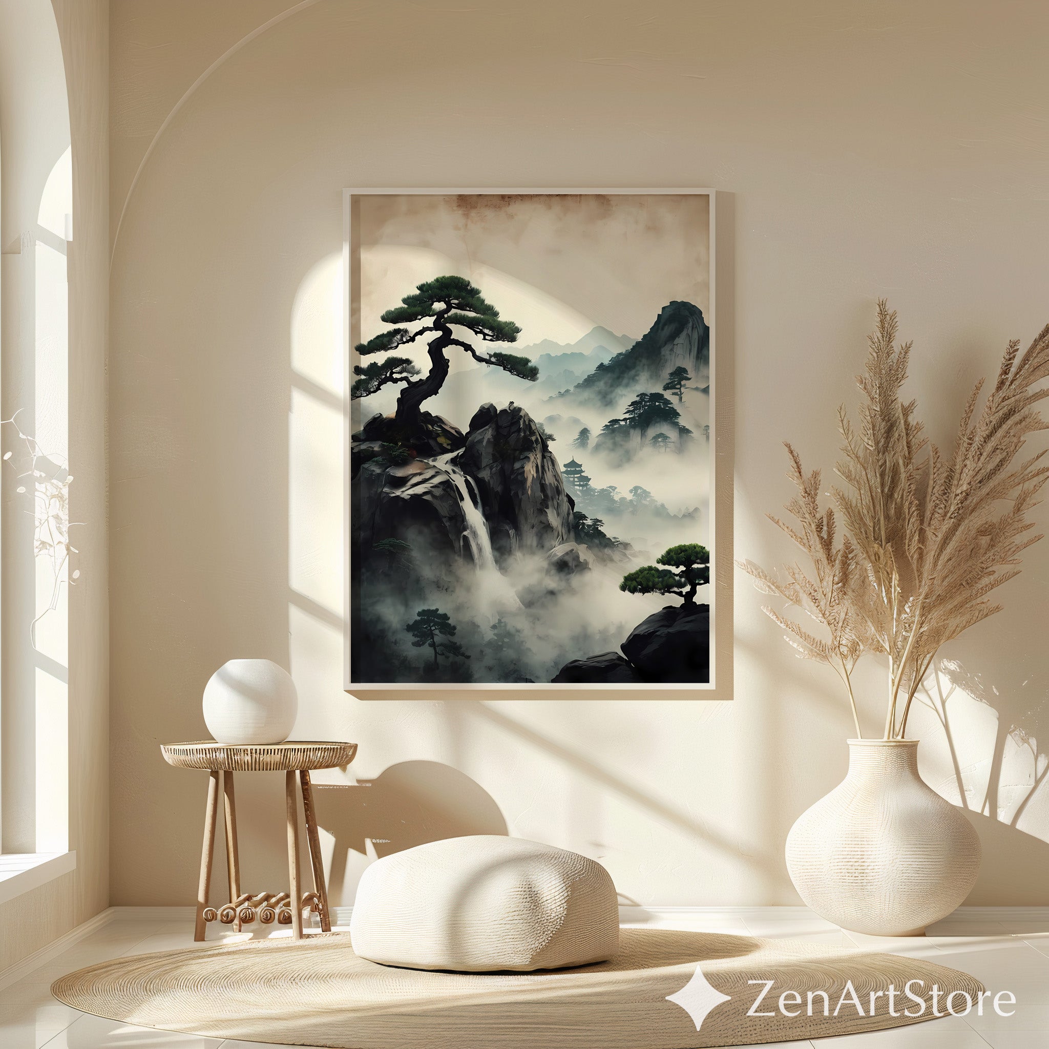 Zen Misty Mountain Landscape Print - Japanese Waterfall Bonsai Wall Art, Wabi Sabi Home Decor