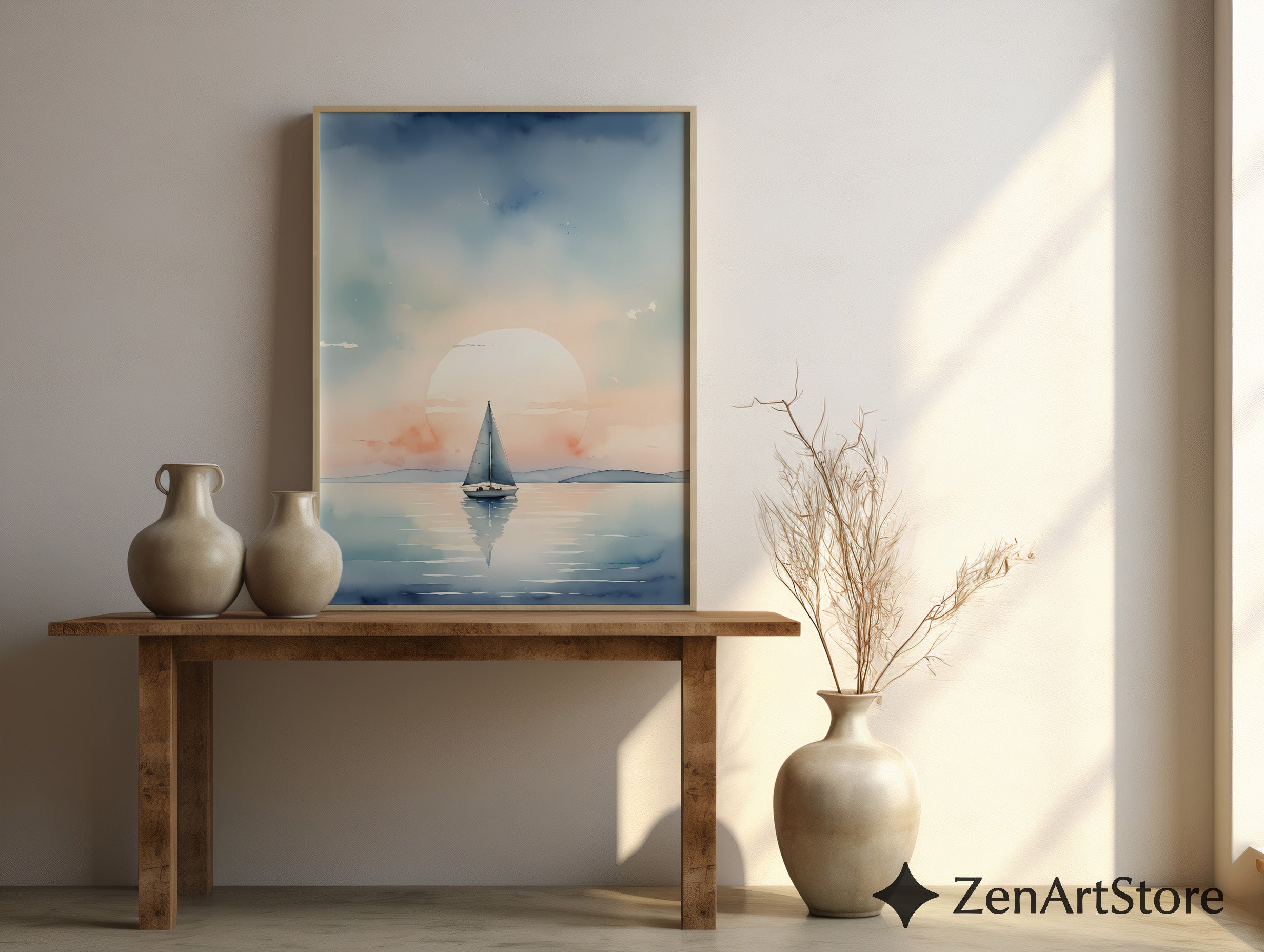 Calm Sailboat Watercolor Print - Serene Sunset Nautical Wall Art for Coastal Home