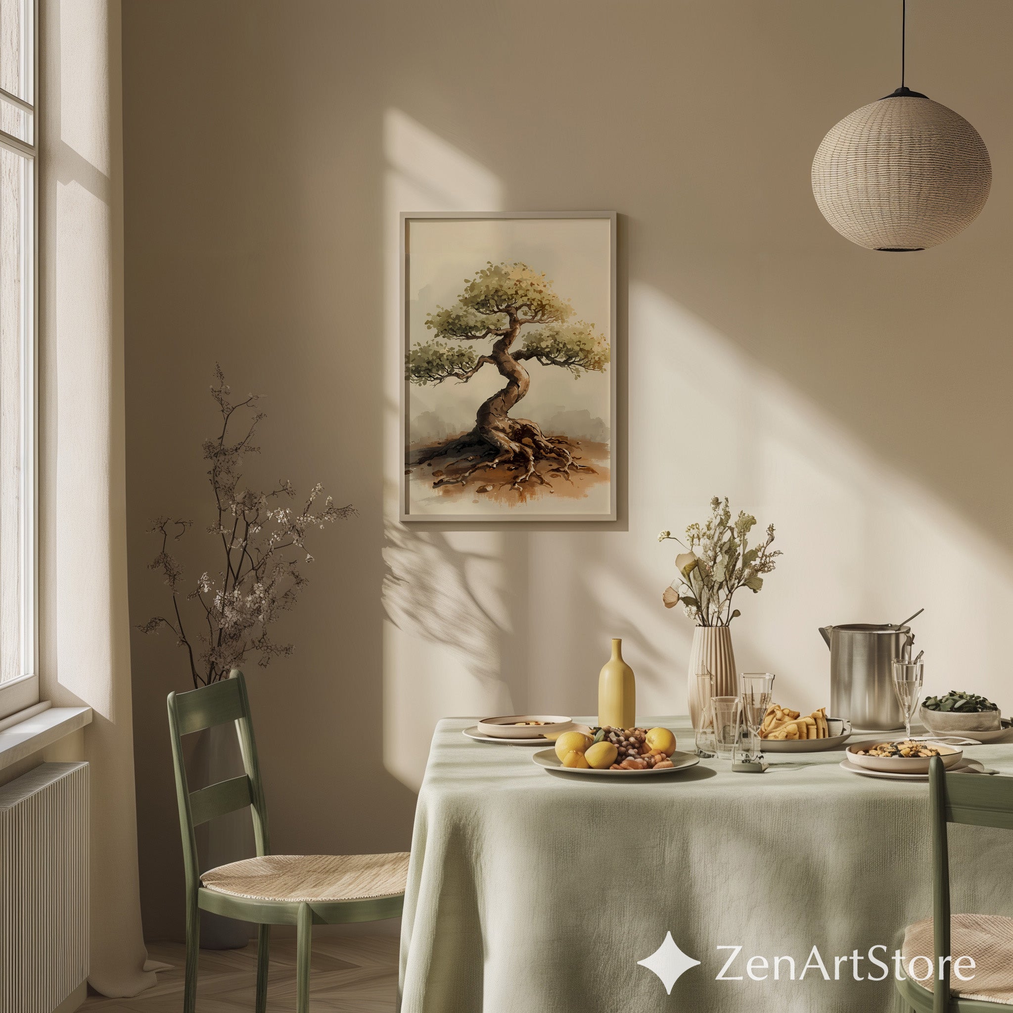 Bonsai Tree Art Print - Minimal Zen Wall Decor, Neutral Wabi Sabi Botanical Illustration for Japandi & Scandinavian Homes