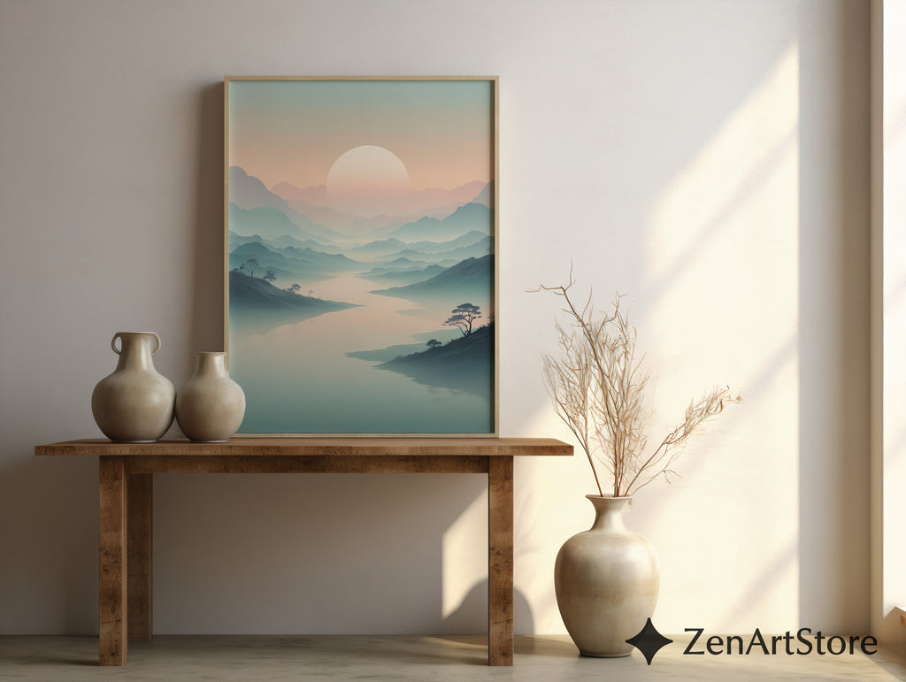Misty Mountain Sunrise Wall Art - Minimal Zen Landscape Print, Japandi Pastel Sun Poster for Living Room