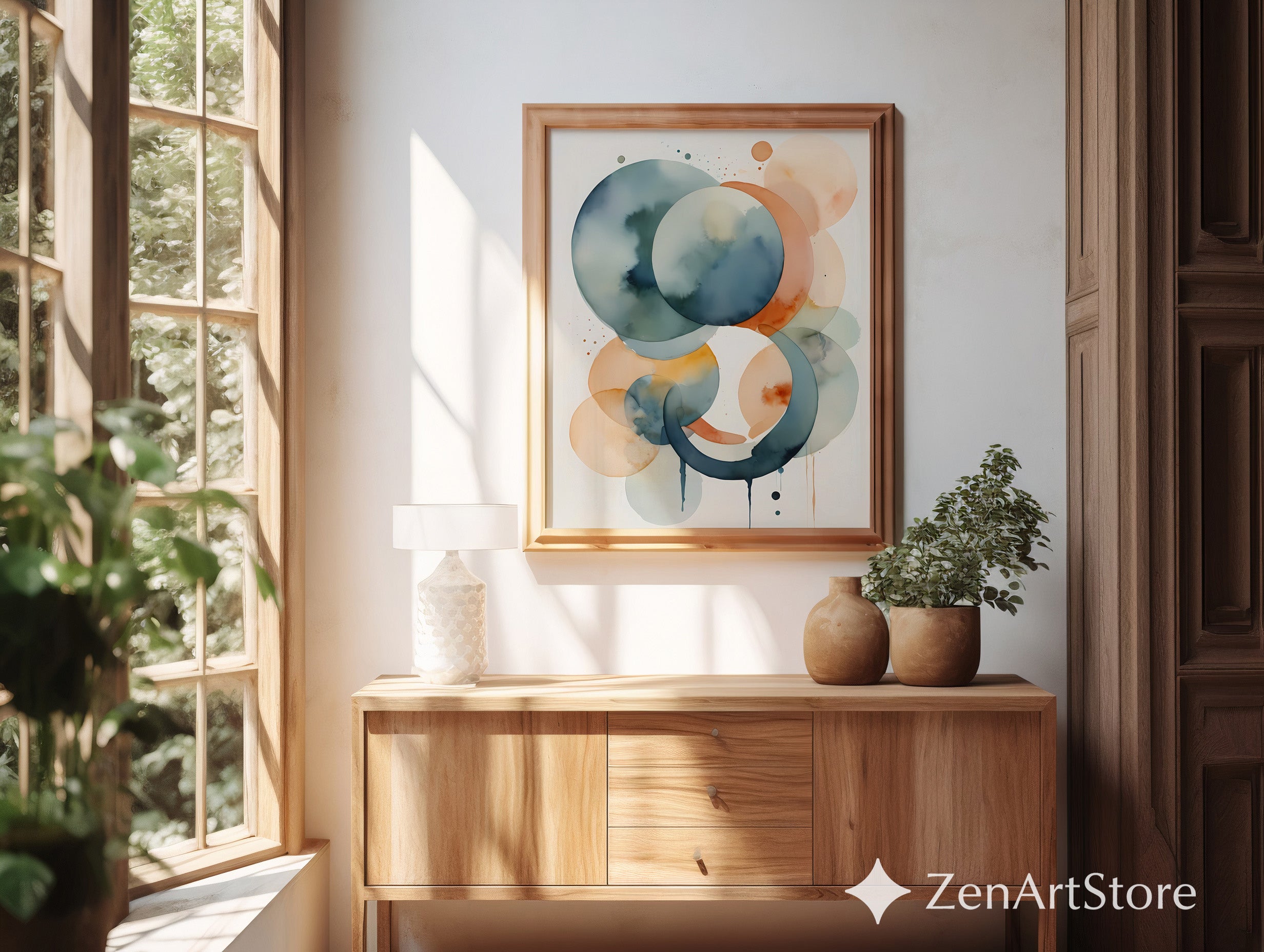 Abstract Watercolor Circles Wall Art - Minimal Zen Neutral Print for Japandi & Scandinavian Home Decor, Blue Peach Beige Modern Art