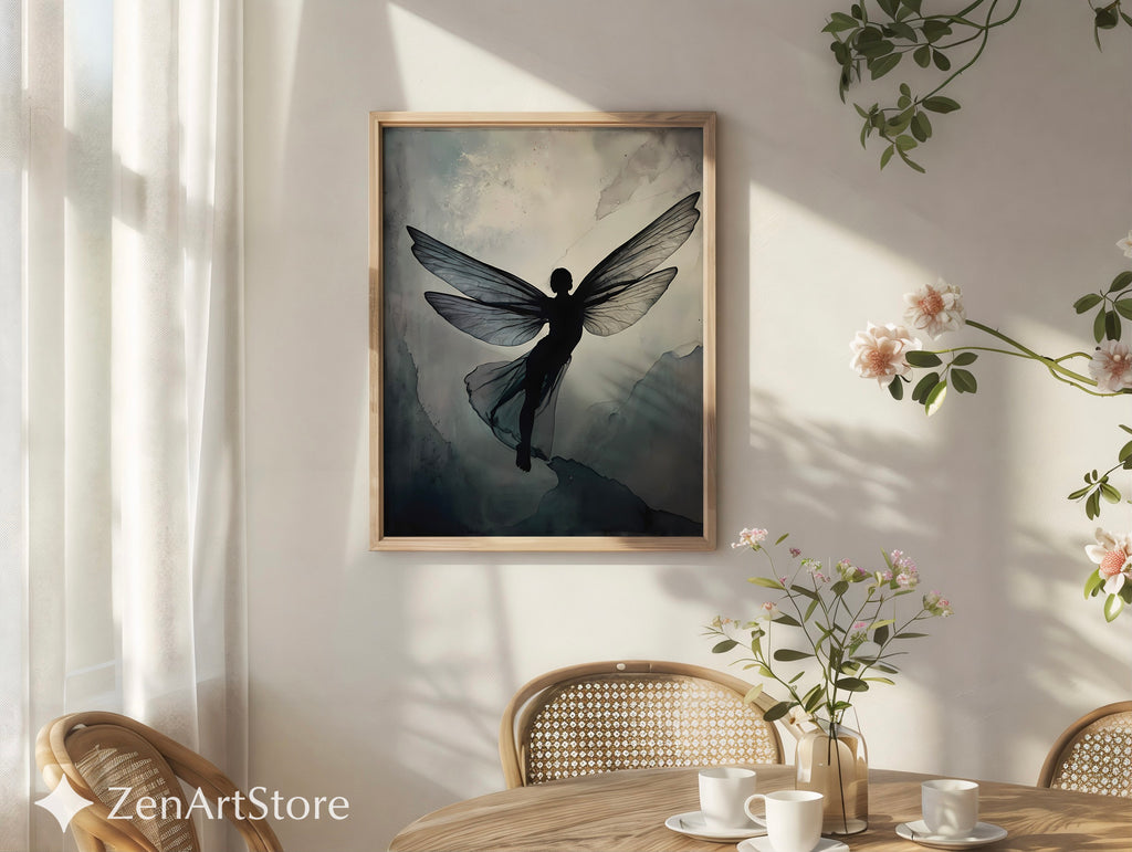 Ethereal Fairy Silhouette Wall Art - Minimal Neutral Wings Print for Japandi Wabi-Sabi Scandinavian Decor