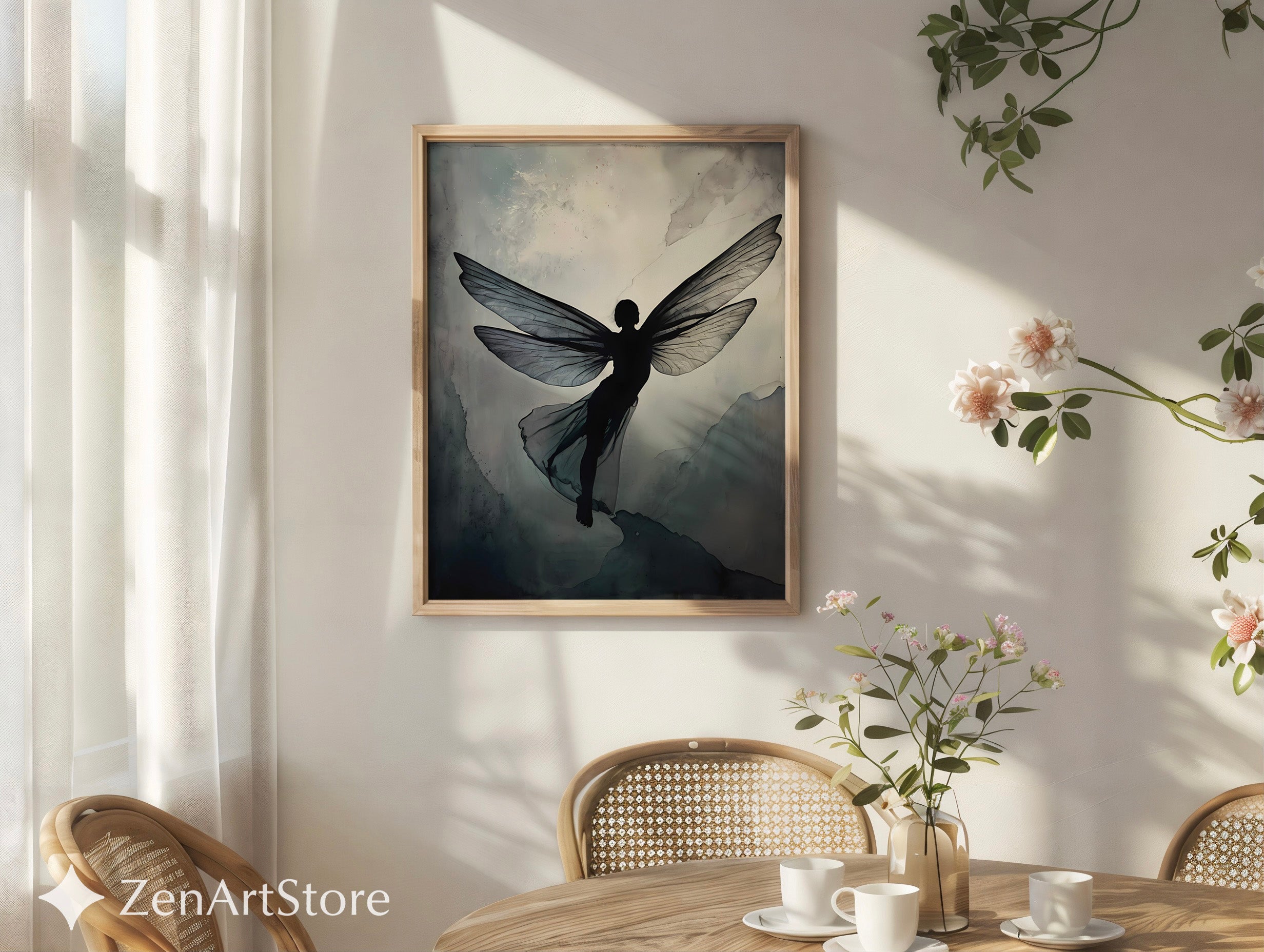 Ethereal Fairy Silhouette Wall Art - Minimal Neutral Wings Print for Japandi Wabi-Sabi Scandinavian Decor