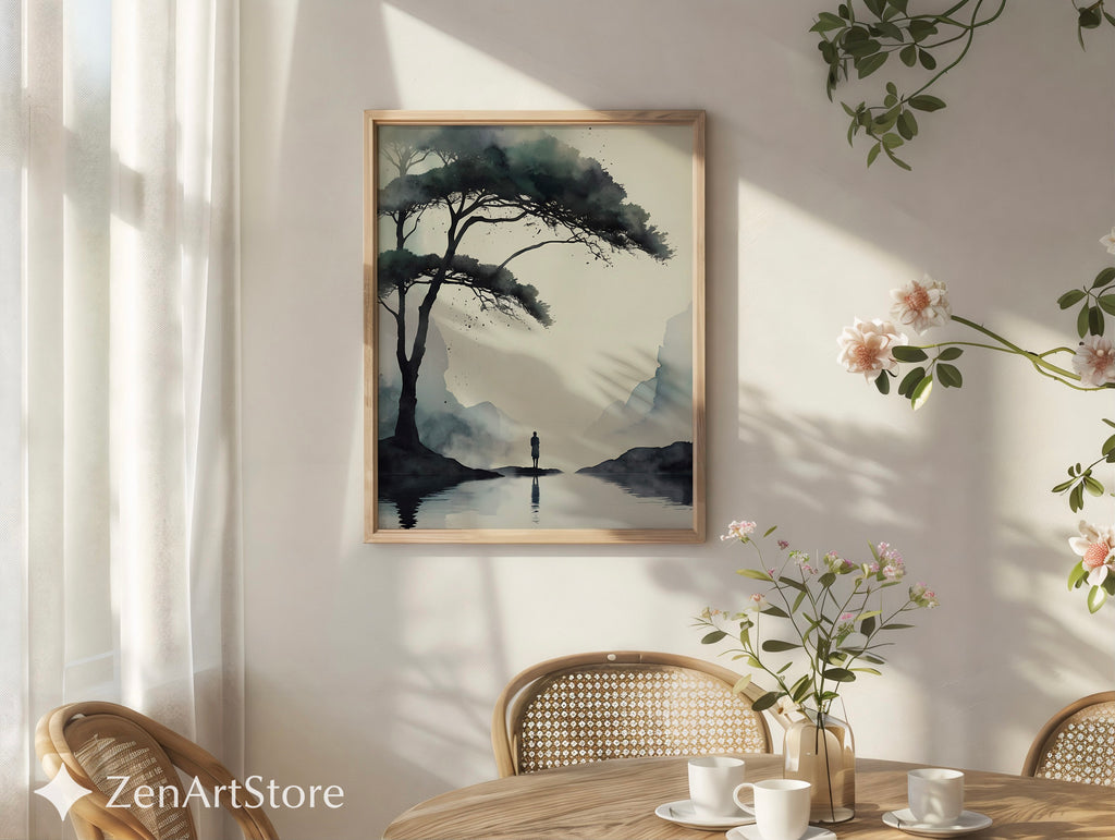 Misty Sumi-e Landscape Print - Zen Minimalist Tree & Solitary Figure Japandi Neutral Wall Art