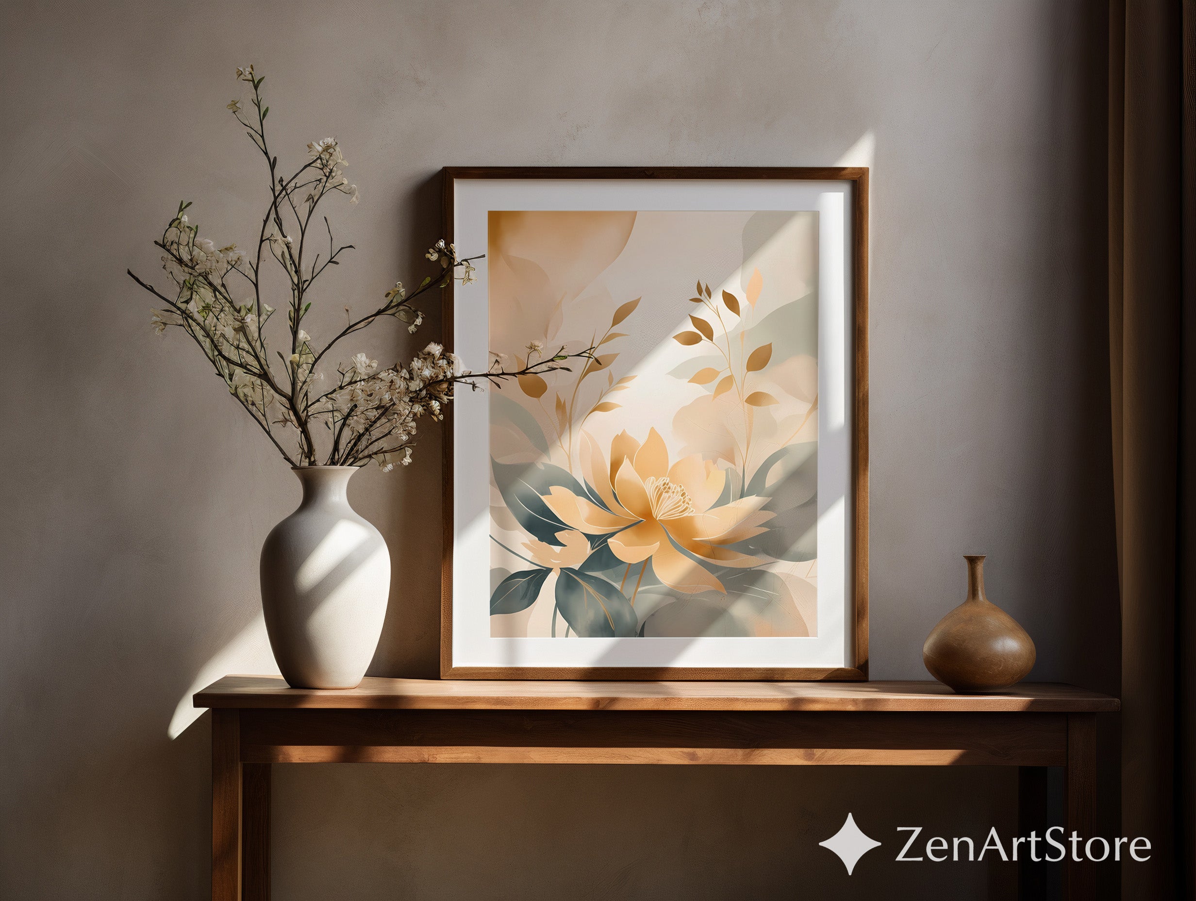 Golden Lotus Botanical Wall Art - Neutral Beige & Sage Floral Print, Japandi Minimalist Abstract Flower Poster