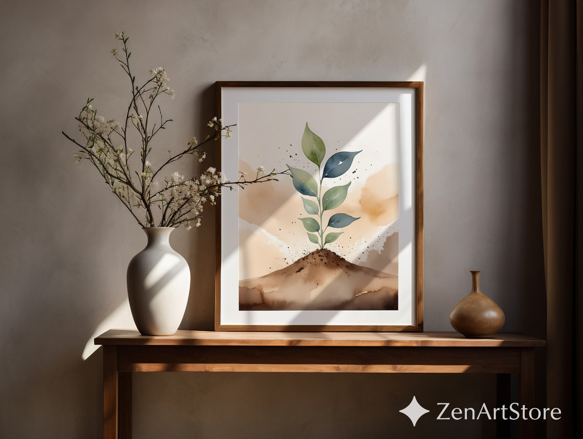 Botanical Sprout Watercolor Print - Minimal Neutral Plant Wall Art, Japandi Wabi Sabi Home Decor, Printable Green Leaf Illustration