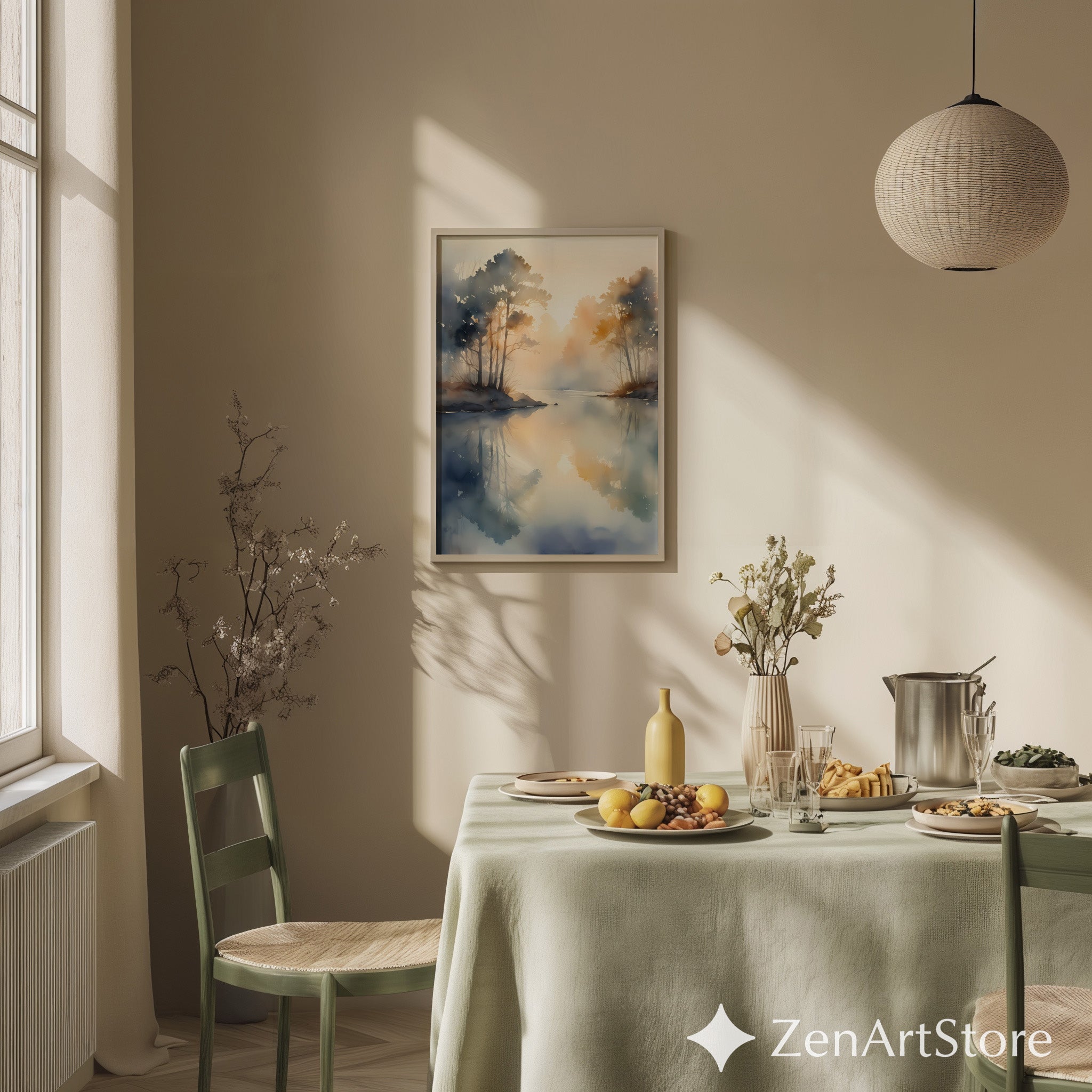 Misty Lake Sunrise Watercolor Print - Neutral Minimal Landscape Wall Art, Calm Japandi Scandinavian Home Decor