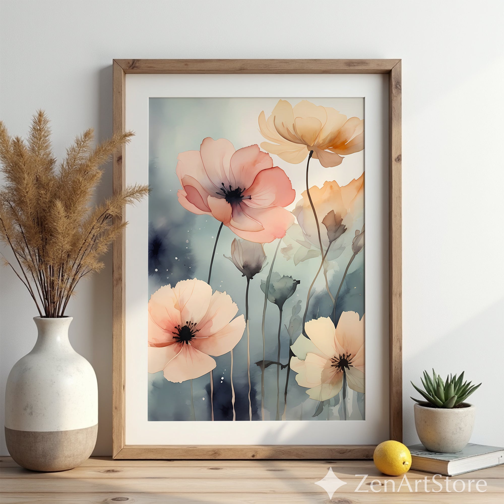 Soft Blush Poppy Watercolor Print - Neutral Floral Wall Art, Minimalist Botanical Canvas for Living Room Bedroom Nursery