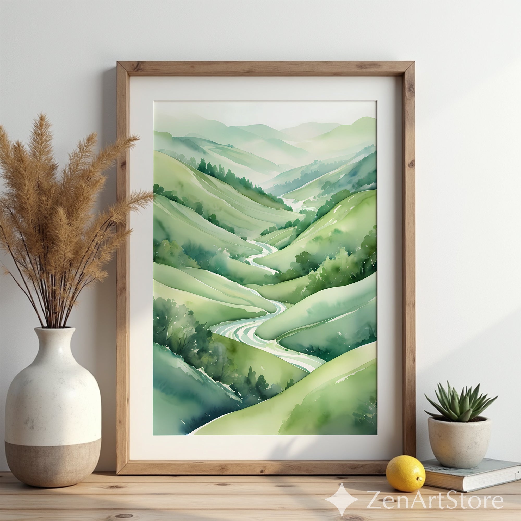 Serene Green Valley Watercolor Print - Minimal Zen Landscape Art, Japandi Wall Decor, Calming River Poster for Living Room