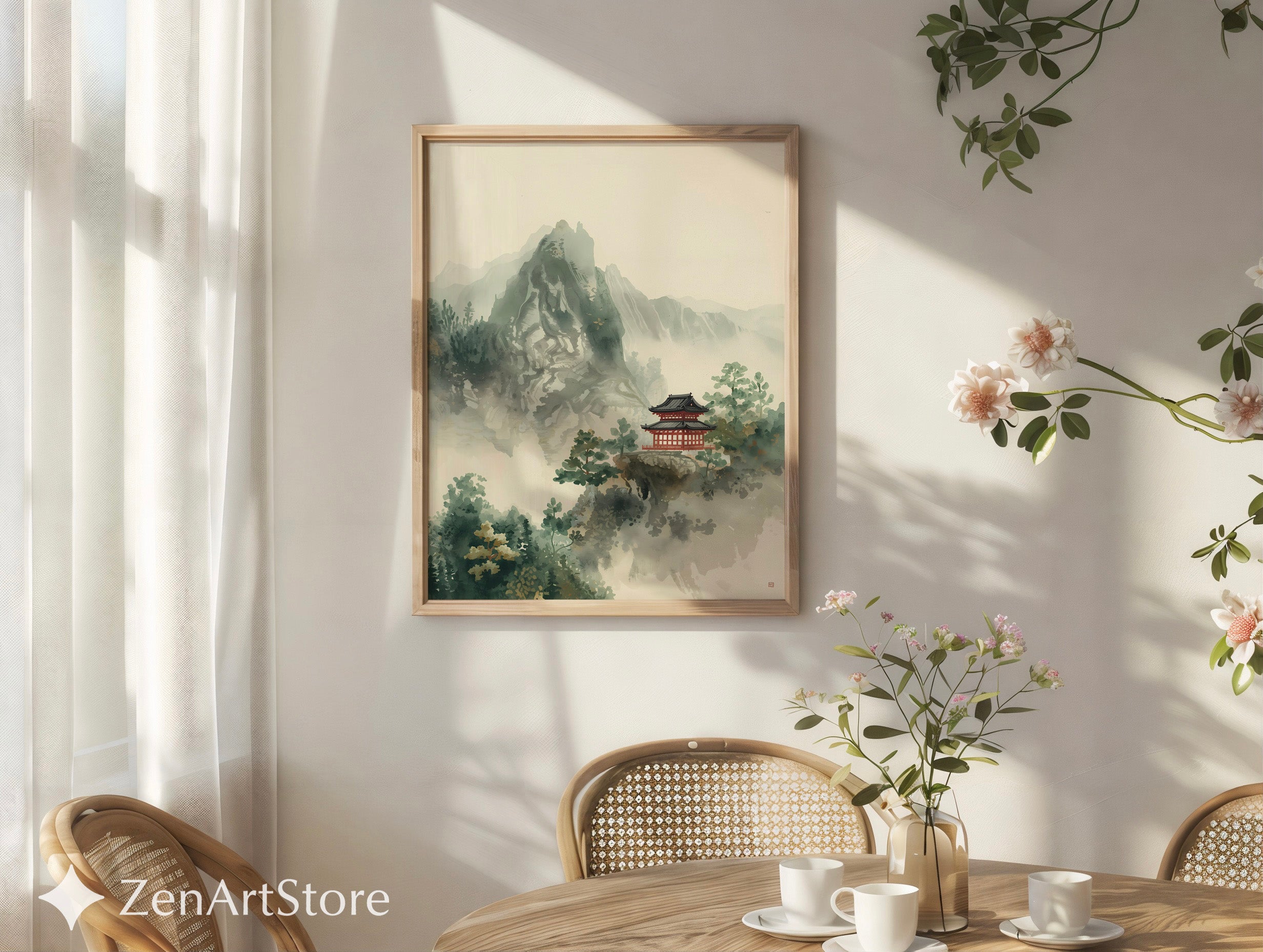 Zen Mountain Pagoda Art Print - Minimal Japanese Sumi-e Landscape, Japandi Wall Art for Calming Neutral Home Decor