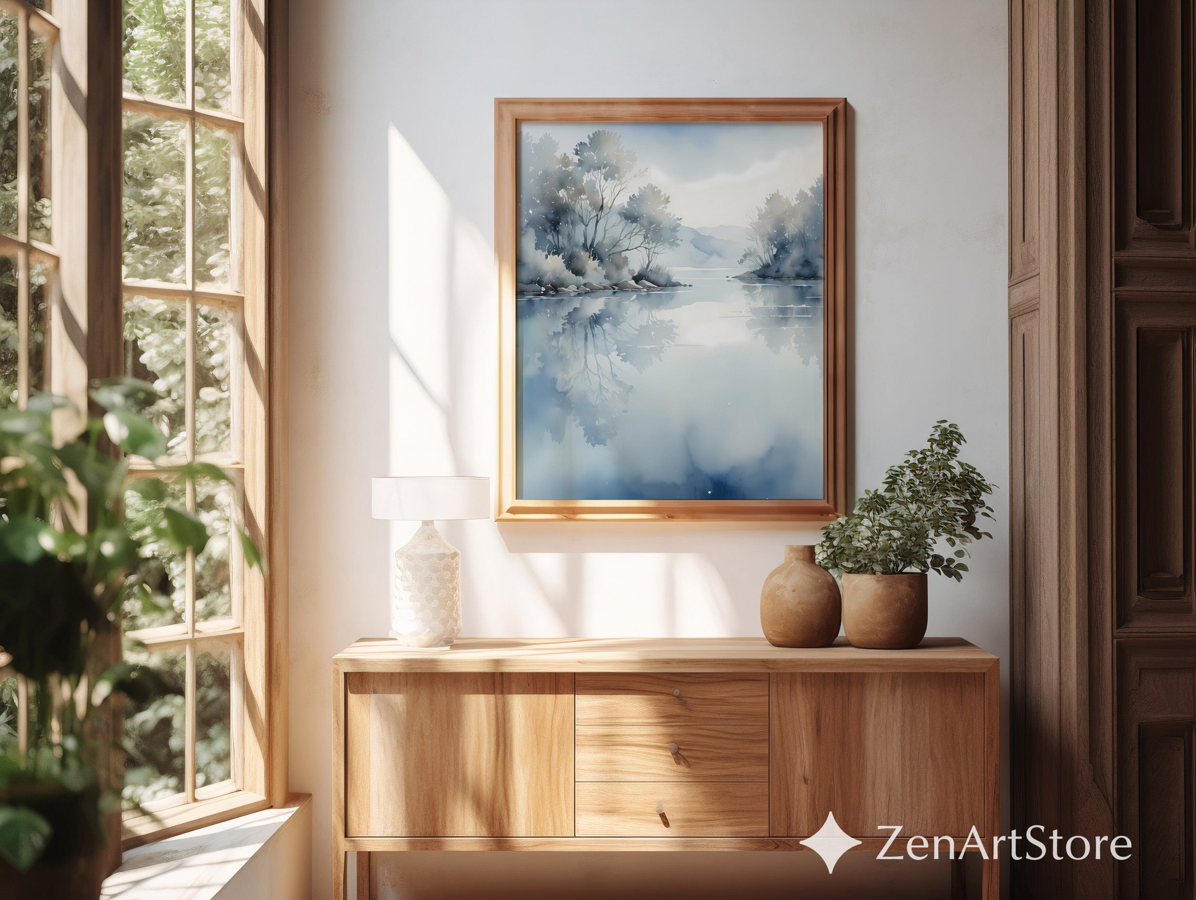 Misty Blue Lake Watercolor Print - Calm Minimalist Landscape Wall Art for Living Room, Bedroom, Spa, Japandi Zen Decor