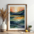 Serene Watercolor Landscape Print - Sunlit Mountains & Lake, Abstract Japandi Wall Art in Teal Blue & Warm Beige