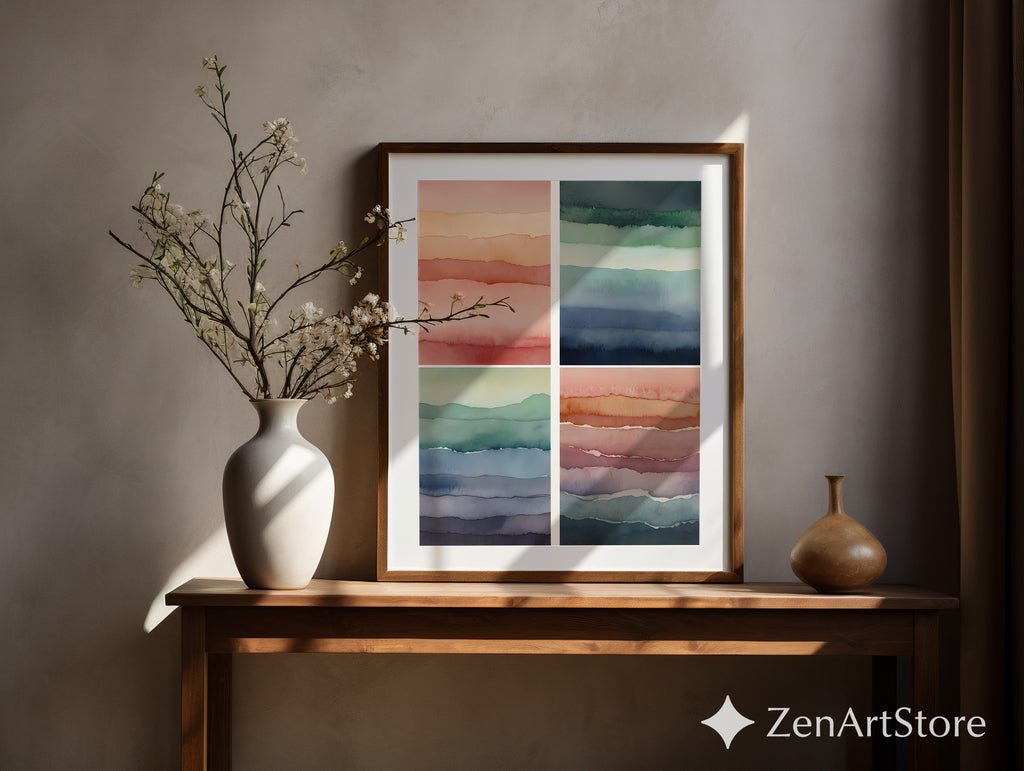 Abstract Watercolor Wall Art Set of 4 – Minimal Layered Landscapes, Neutral Japandi Boho Prints for Living Room & Bedroom, Printable Digital Download