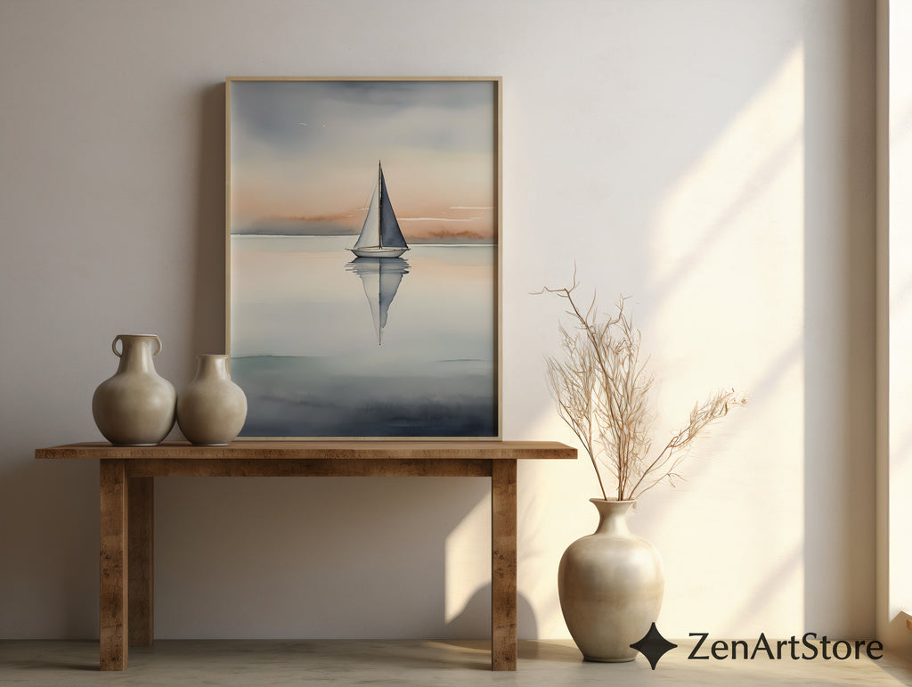 Minimal Sailboat Wall Art - Calm Coastal Watercolor Print, Scandinavian Japandi Neutral Seascape for Living Room & Bedroom
