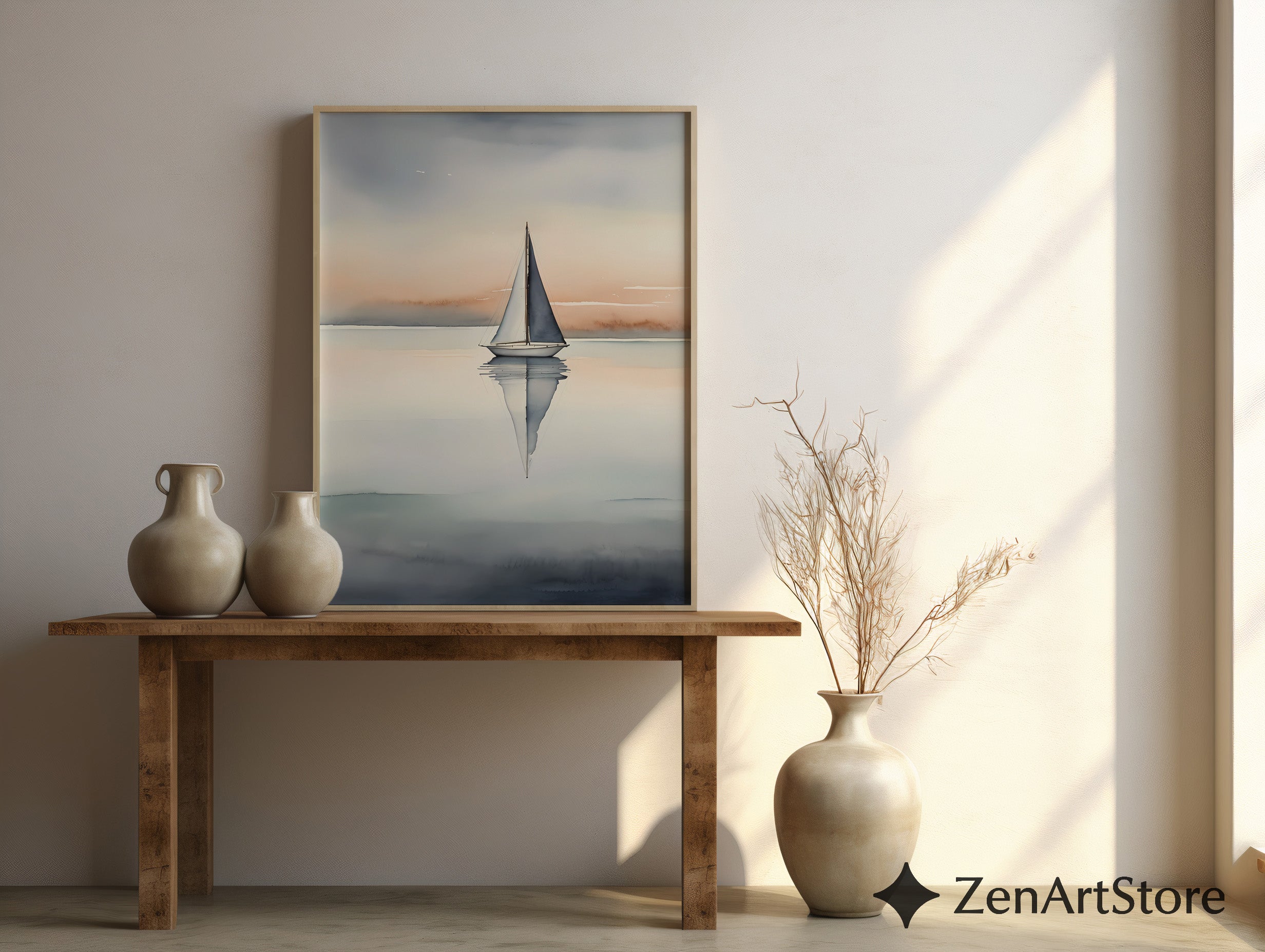 Minimal Sailboat Wall Art - Calm Coastal Watercolor Print, Scandinavian Japandi Neutral Seascape for Living Room & Bedroom