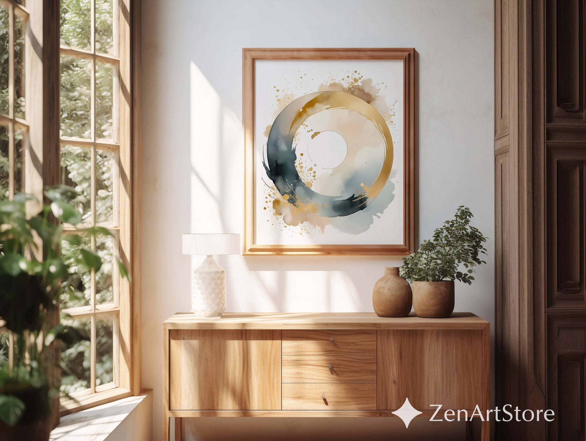 Gold Enso Circle Abstract Wall Art - Minimal Japandi Neutral Watercolor Print for Modern Zen Home Decor