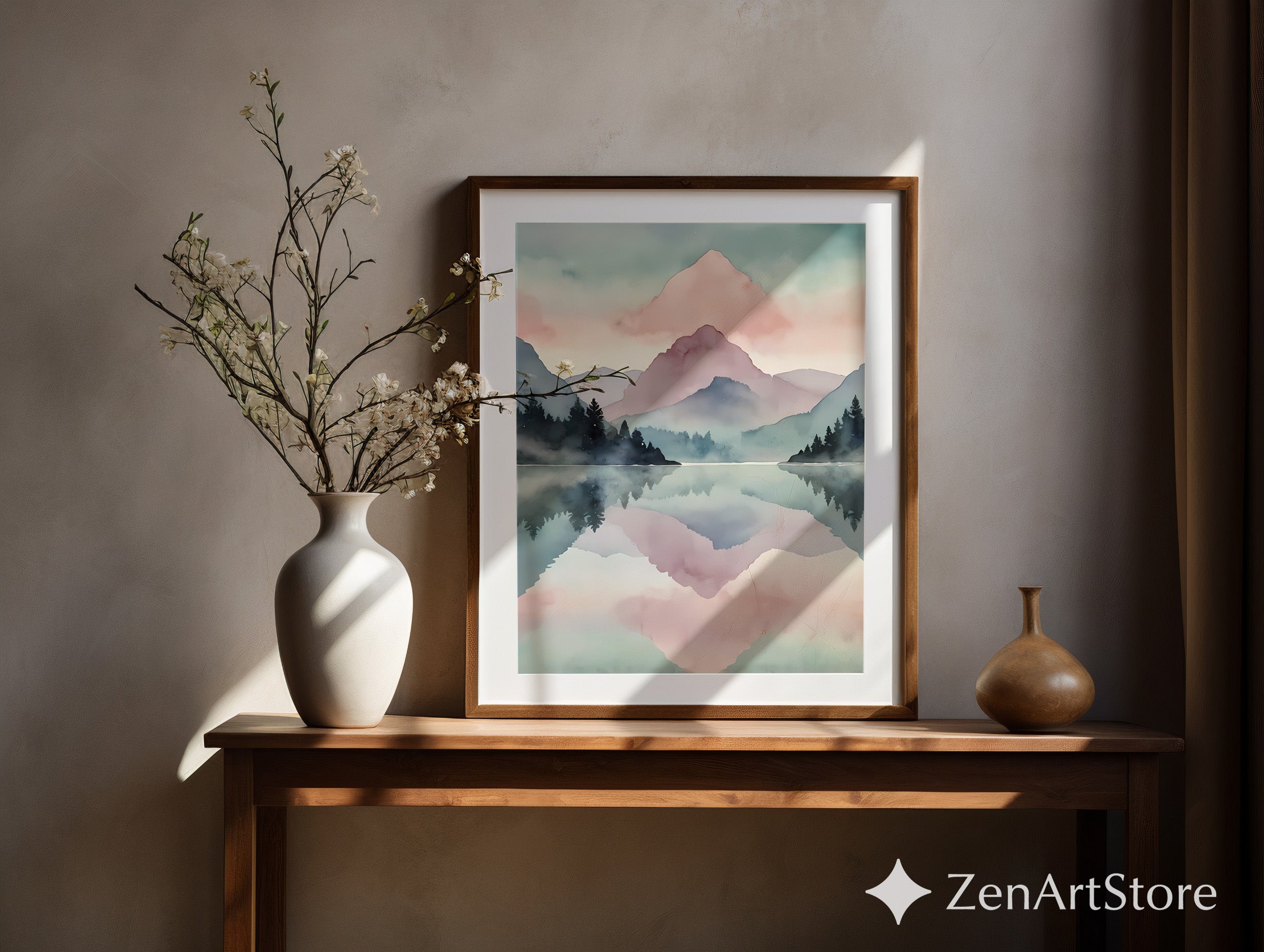 Pastel Mountain Watercolor Print - Serene Lake Reflection Wall Art, Minimal Japandi Scandinavian Home Decor