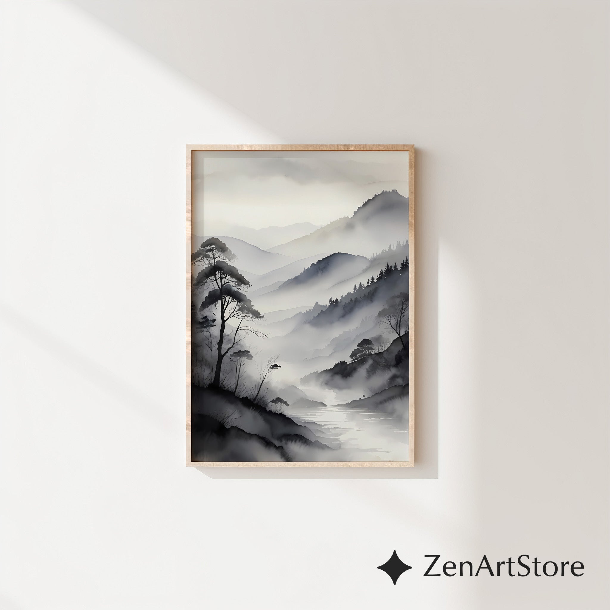 Misty Mountain Sumi-e Print - Minimal Zen Landscape Wall Art, Japandi Monochrome Canvas or Digital Download
