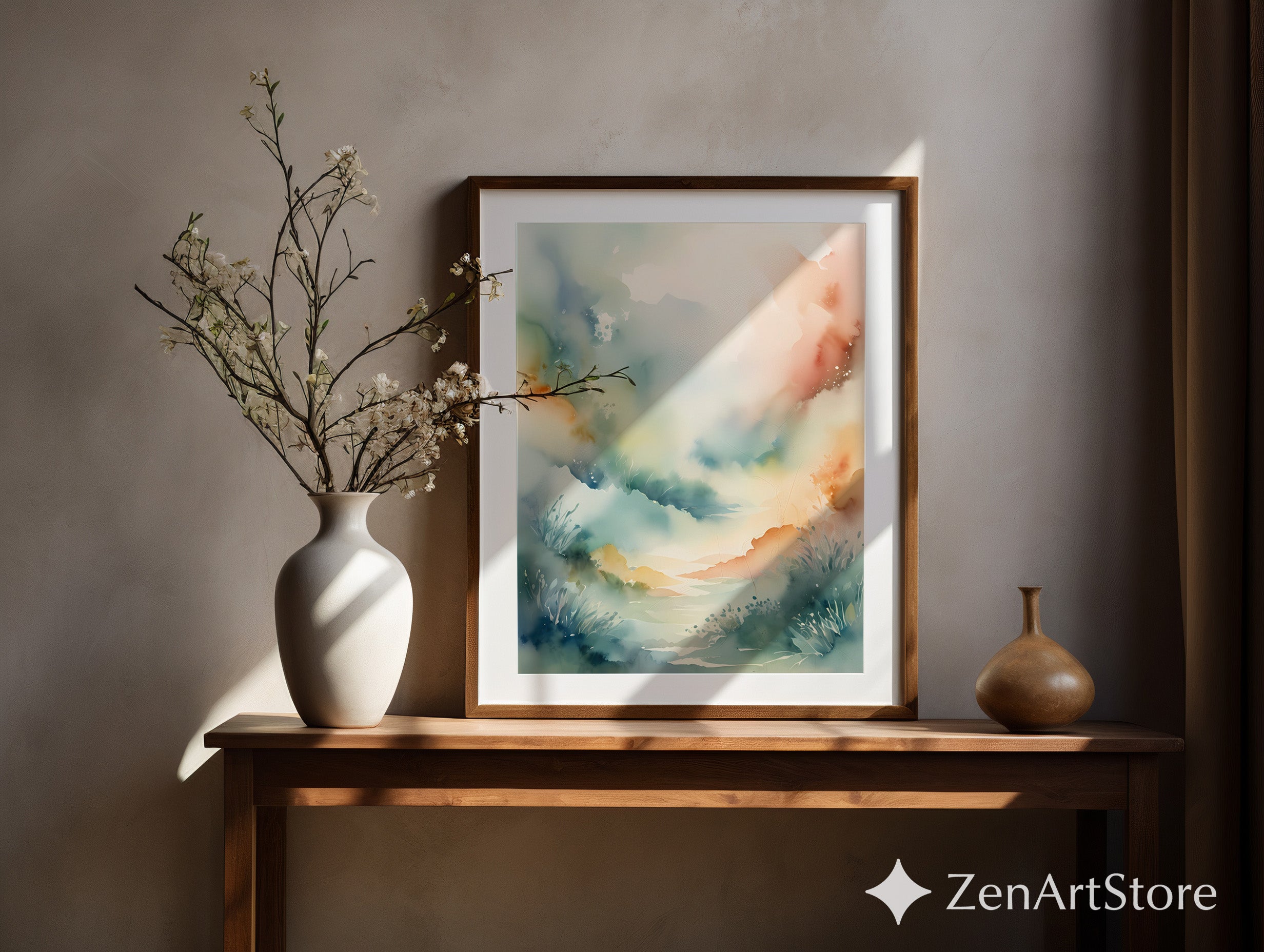 Soft Pastel Watercolor Landscape Print - Misty Valley Abstract Wall Art for Living Room, Nursery, Japandi Scandi Home Decor
