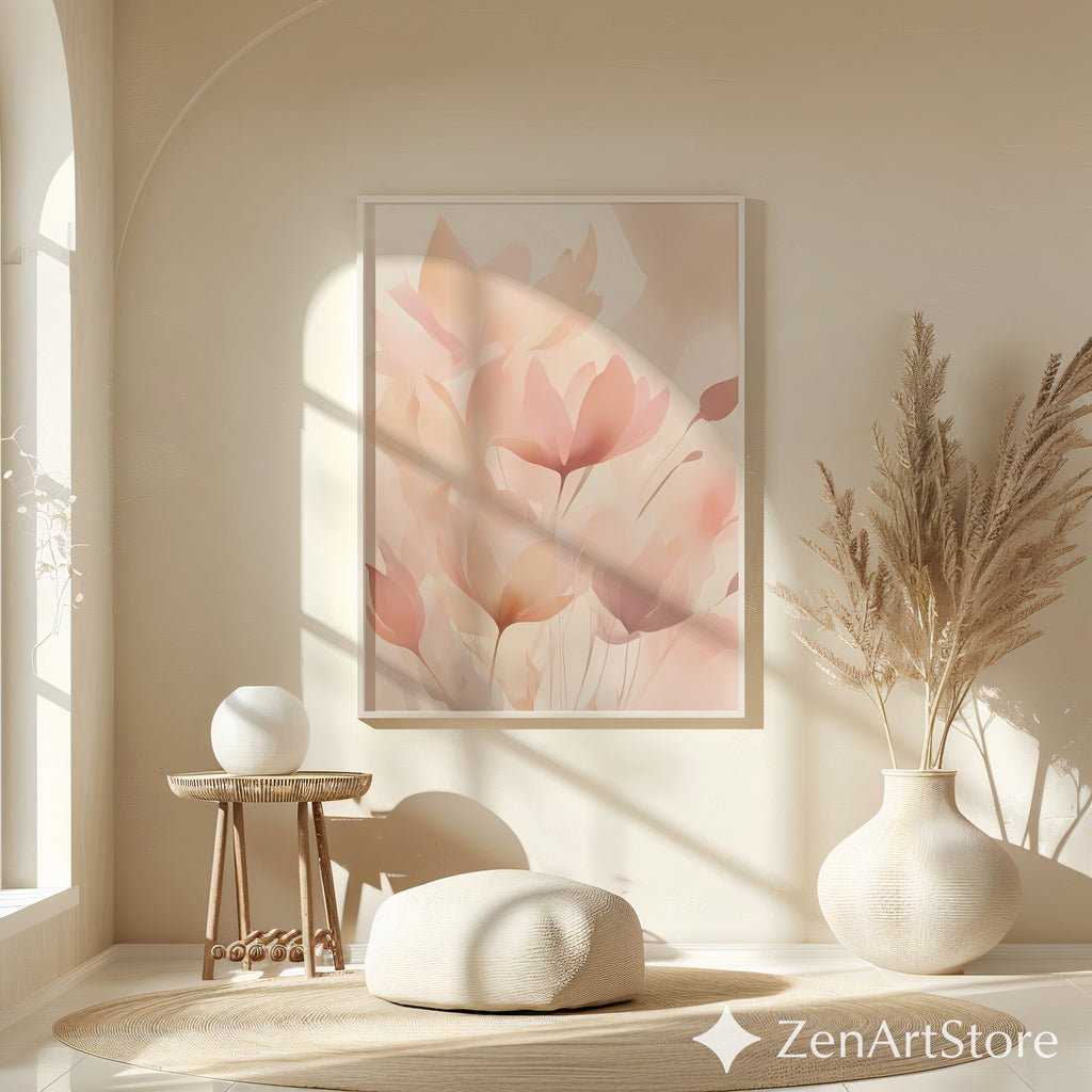 Blush Botanical Wall Art - Soft Pink Floral Abstract Print for Living Room Bedroom Nursery - Minimal Japandi Neutral Home Decor