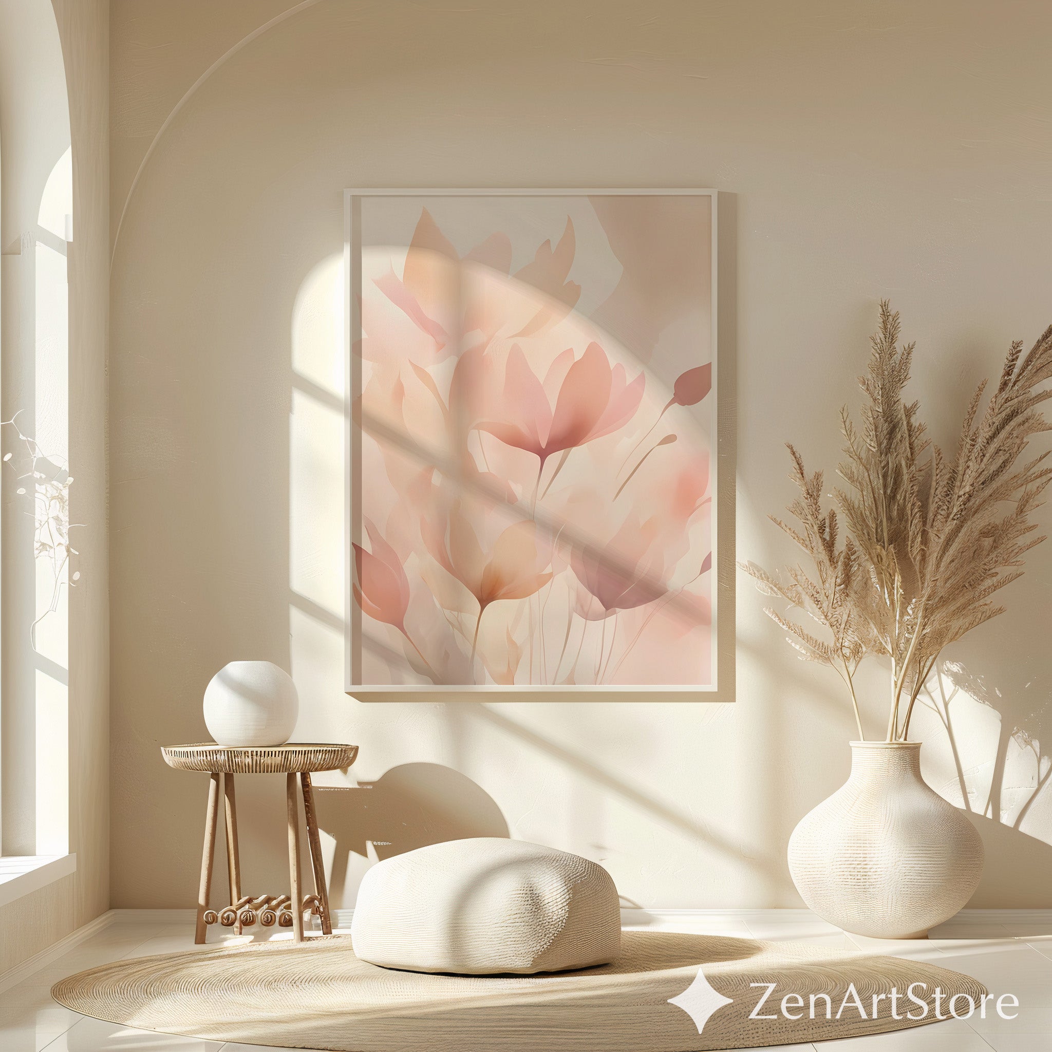 Blush Botanical Wall Art - Soft Pink Floral Abstract Print for Living Room Bedroom Nursery - Minimal Japandi Neutral Home Decor