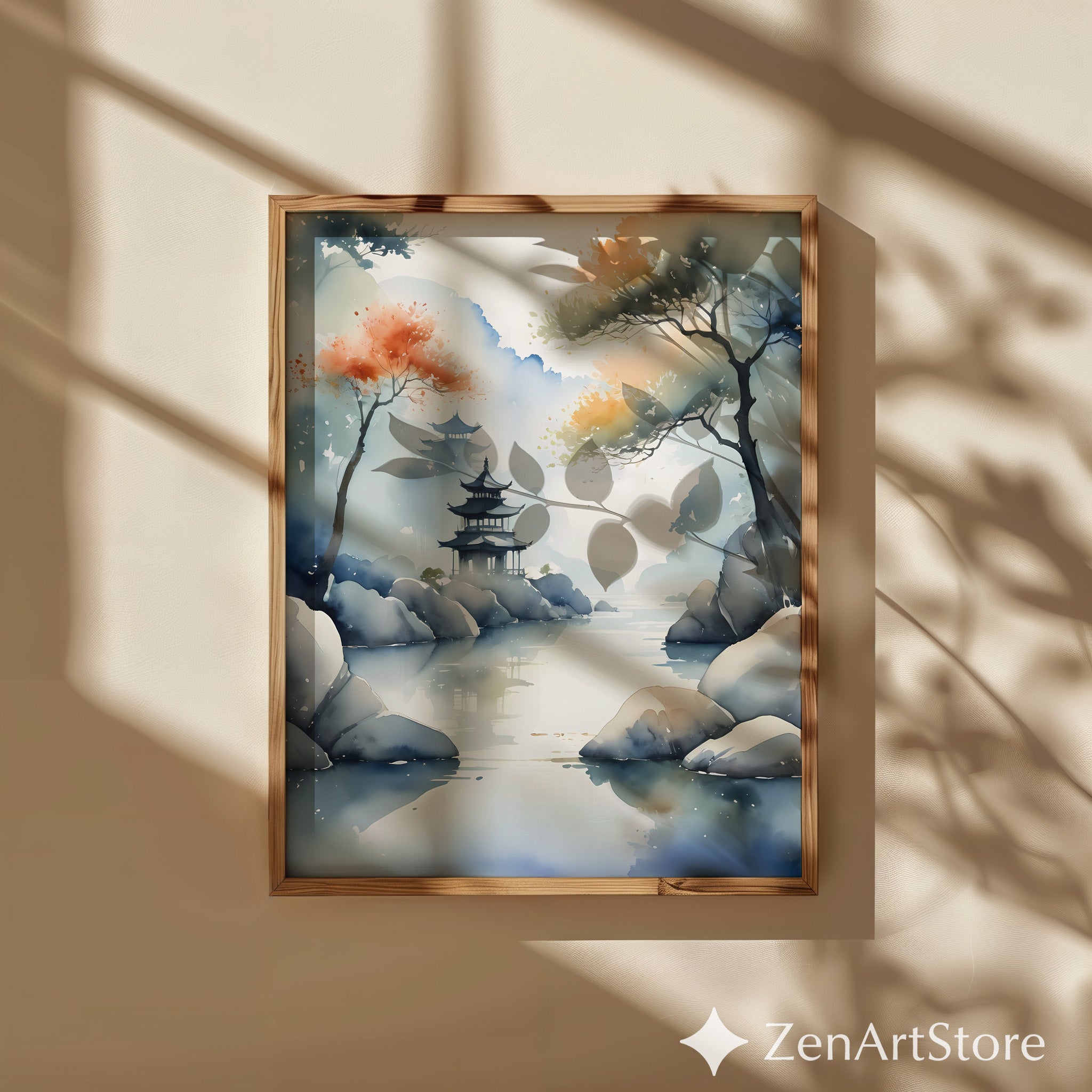 Misty Pagoda Watercolor Print - Zen Japandi Landscape Wall Art, Minimal Neutral Home Decor