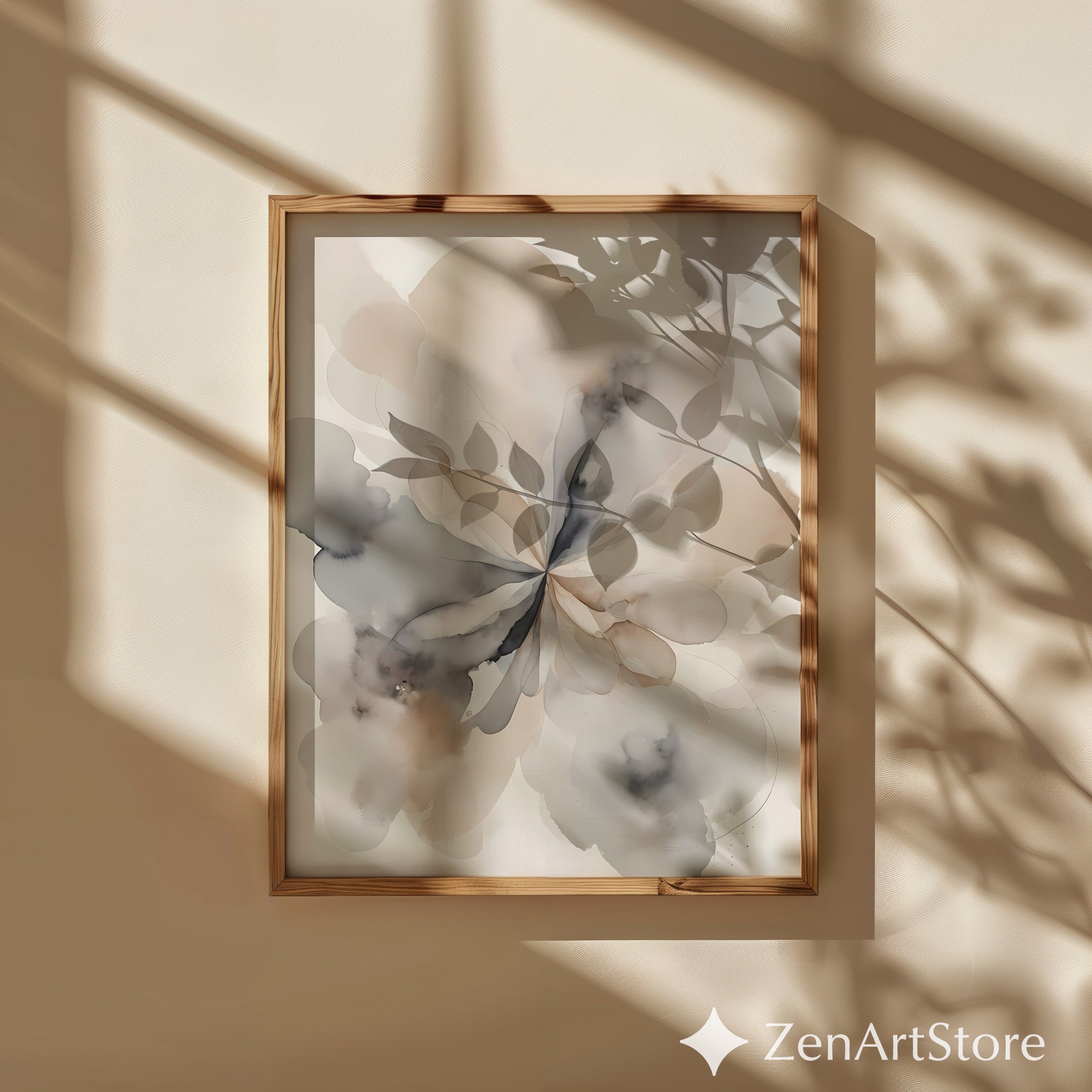 Neutral Abstract Floral Wall Art - Minimal Beige & Gray Watercolor Print, Modern Japandi Wabi-Sabi Botanical Decor