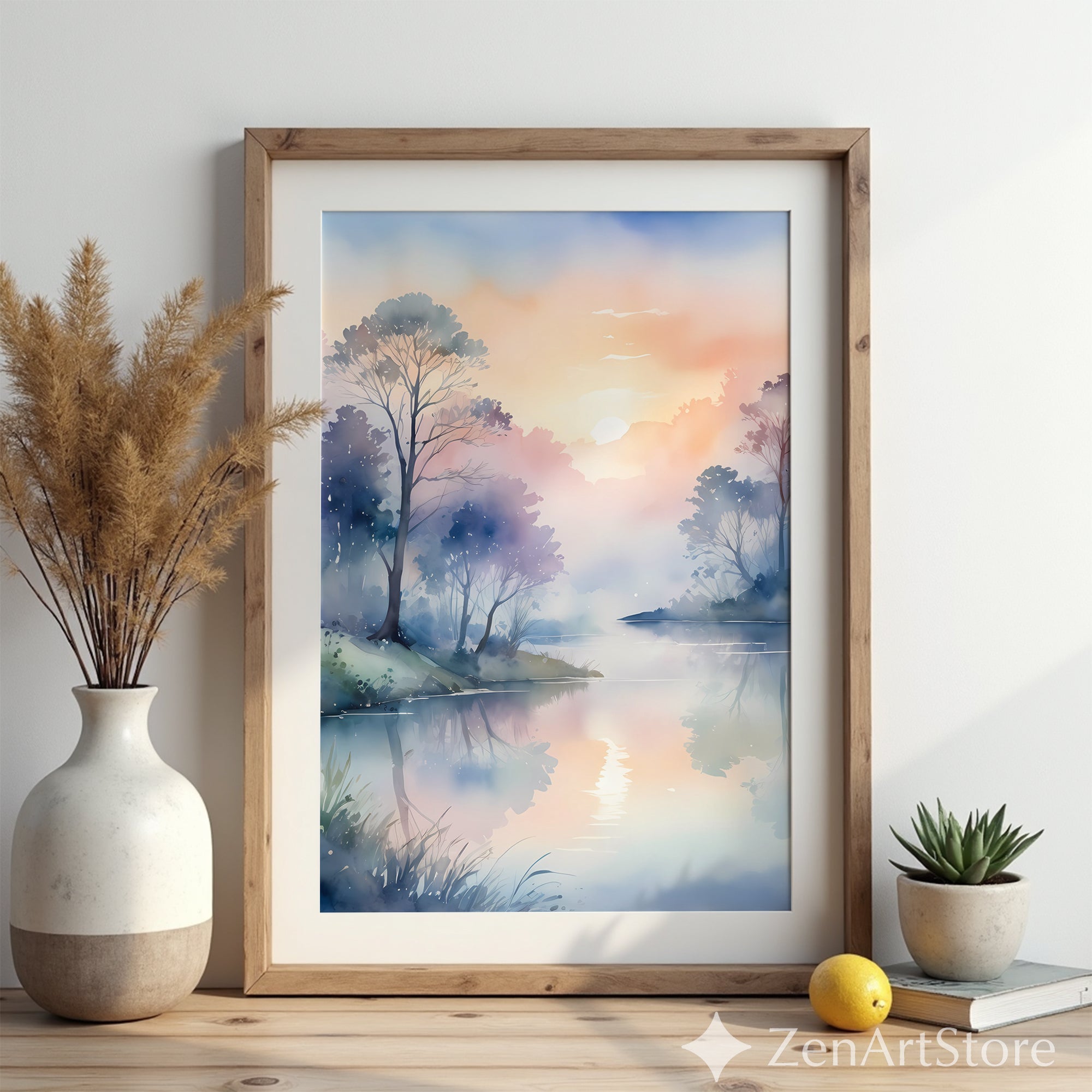 Misty Sunrise Lake Watercolor Print – Calm Pastel Landscape Wall Art for Bedroom, Living Room, Japandi & Scandinavian Home Decor