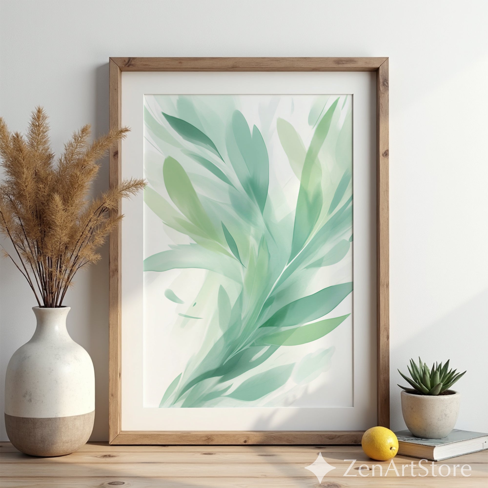 Serene Mint Botanical Art Print - Abstract Green Leaf Wall Art, Minimal Modern Home Decor, Zen Japandi Scandinavian Printable