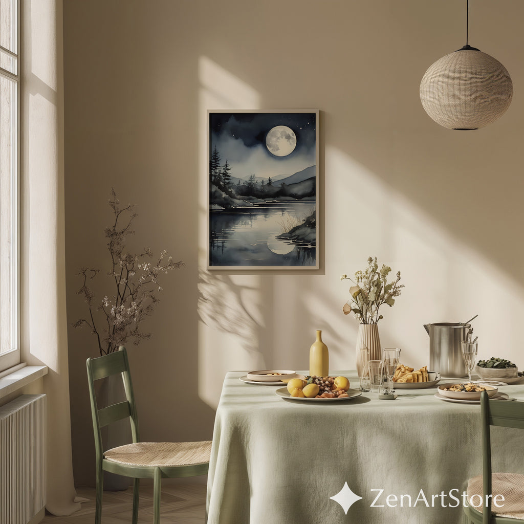 Moonlight Lake Watercolor Print - Night Sky Reflection Wall Art, Minimal Scandinavian Moon Landscape for Bedroom
