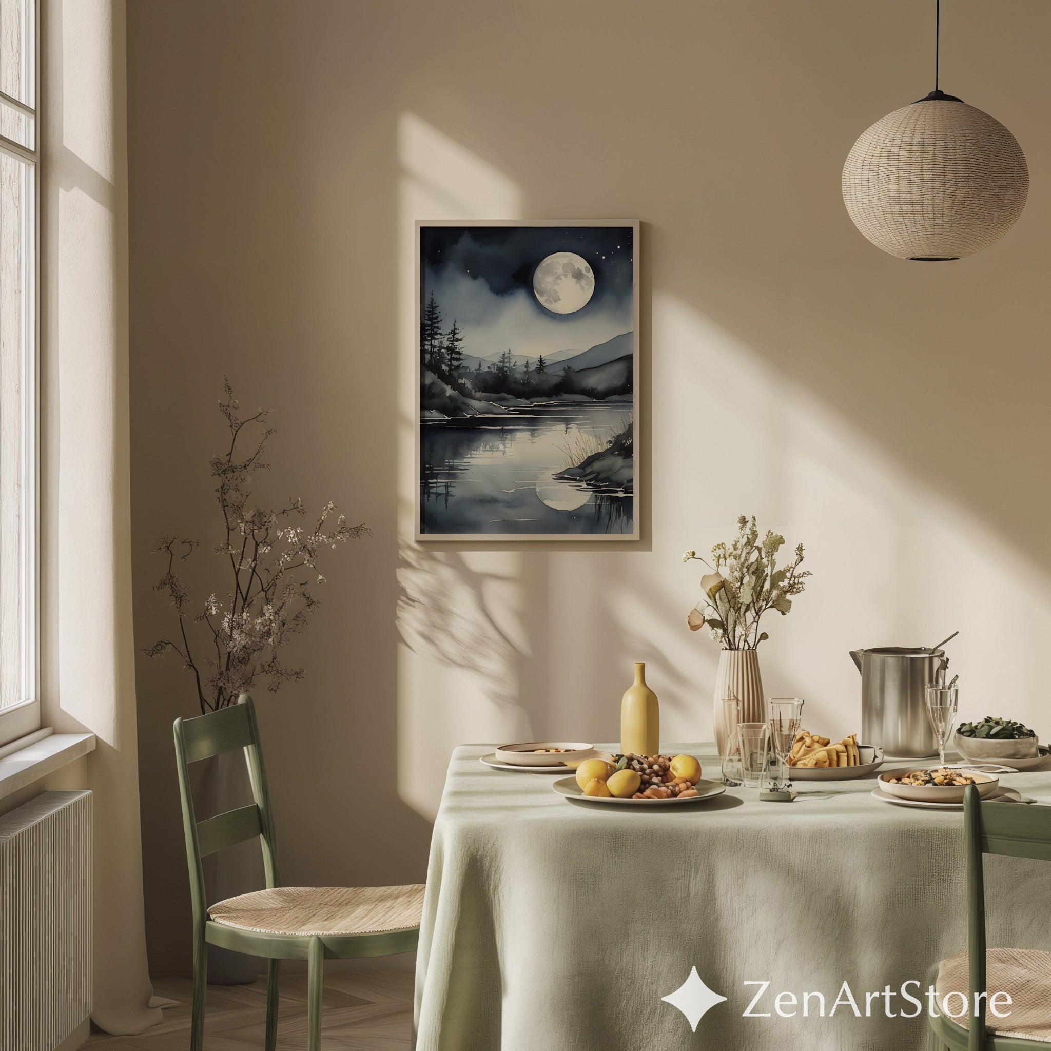 Moonlight Lake Watercolor Print - Night Sky Reflection Wall Art, Minimal Scandinavian Moon Landscape for Bedroom